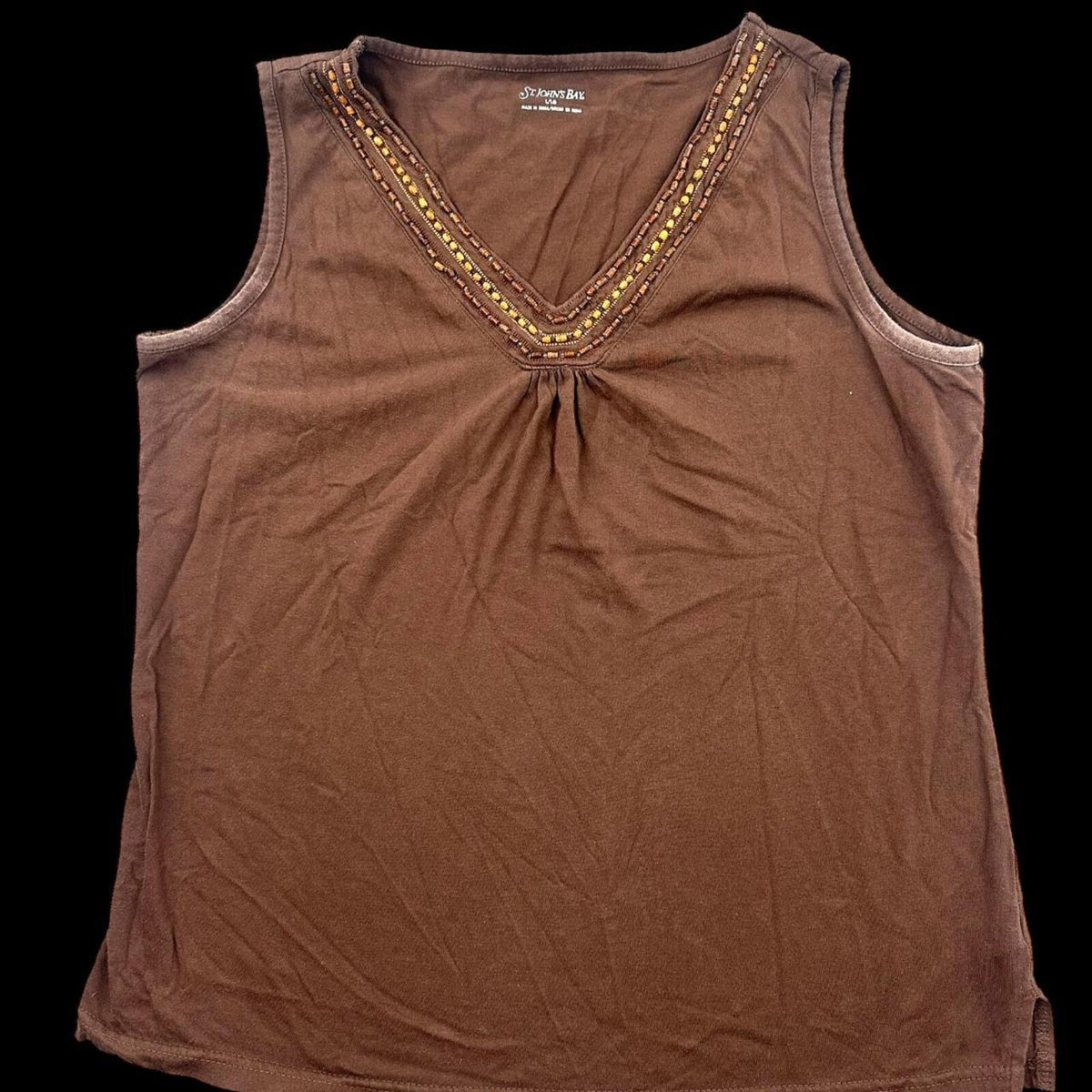 St. John's Bay Brown Beaded V Neck Tank Top Bohemian Indie