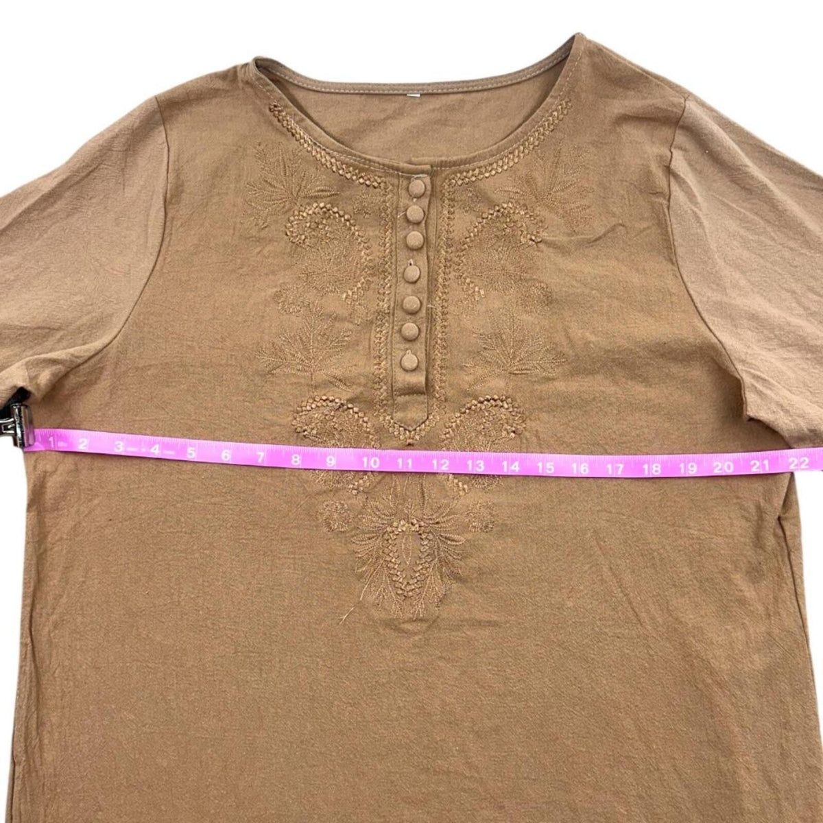 Tan Embroidered Bohemian Henley Top 3/4 Sleeves