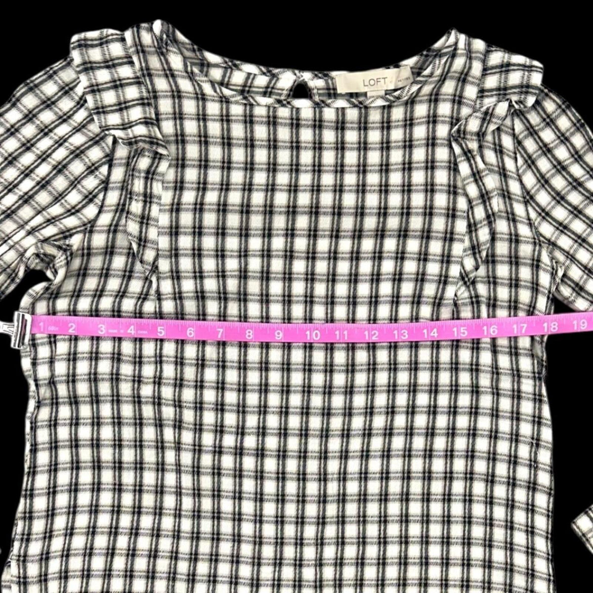 LOFT Plaid Ruffle Long Sleeve Blouse Cotton Black White Tan Preppy Cottage
