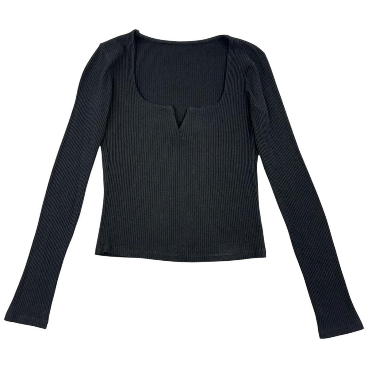 Black Ribbed Long Sleeve Top with Notch Neckline Y2K Minimalist Preppy