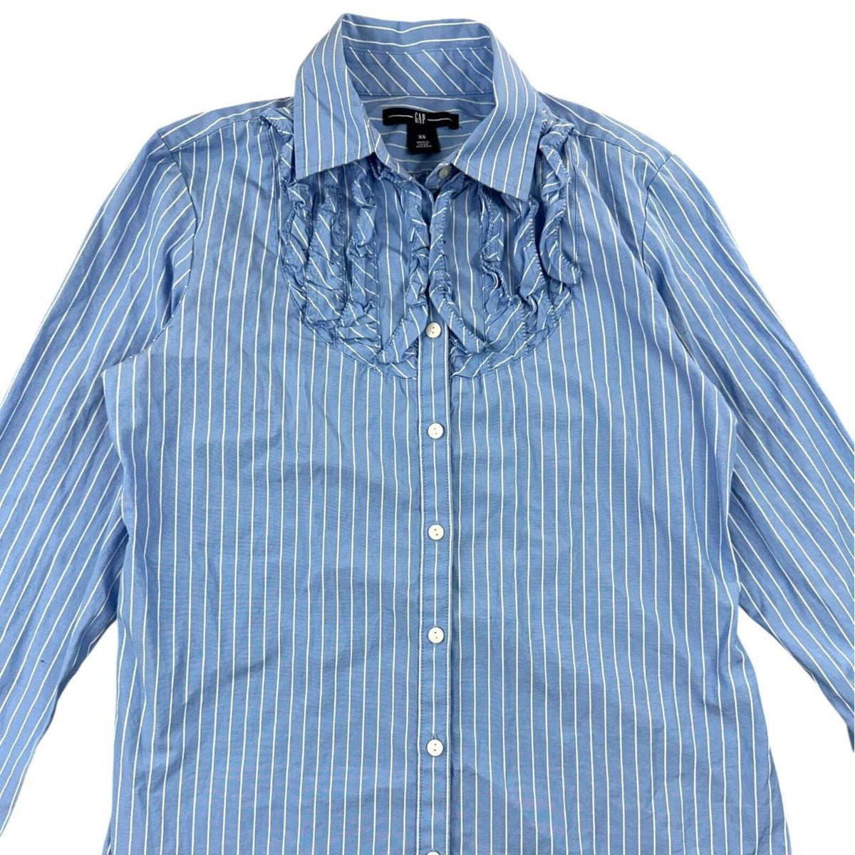 Gap Vintage Blue and White Striped Ruffle Blouse Cotton Office Siren Preppy