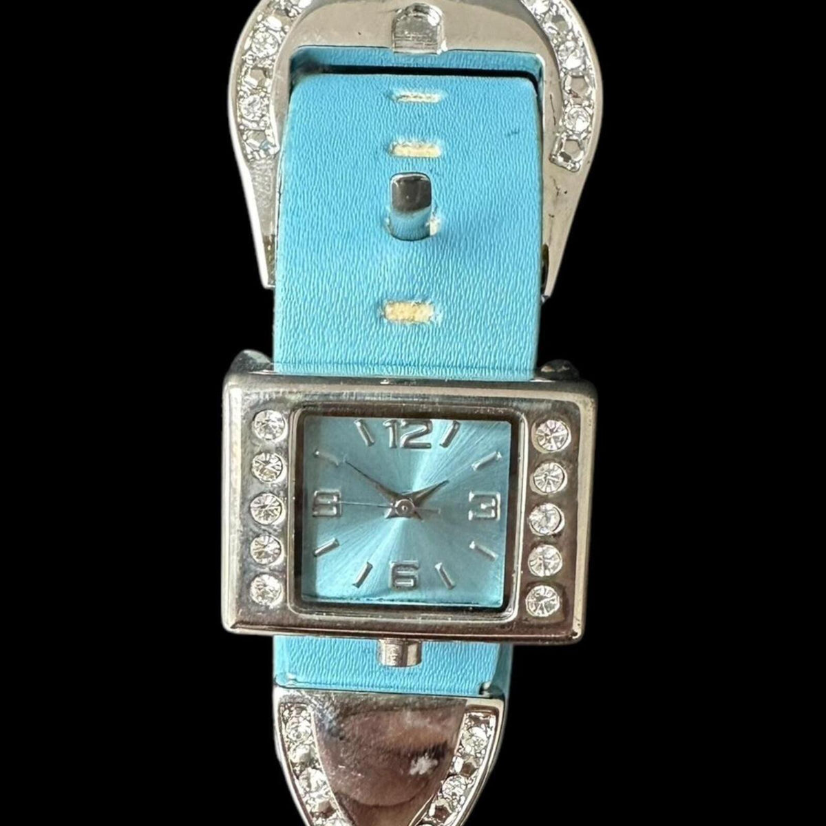 Vintage Blue Faux Leather Rhinestone Accent Watch