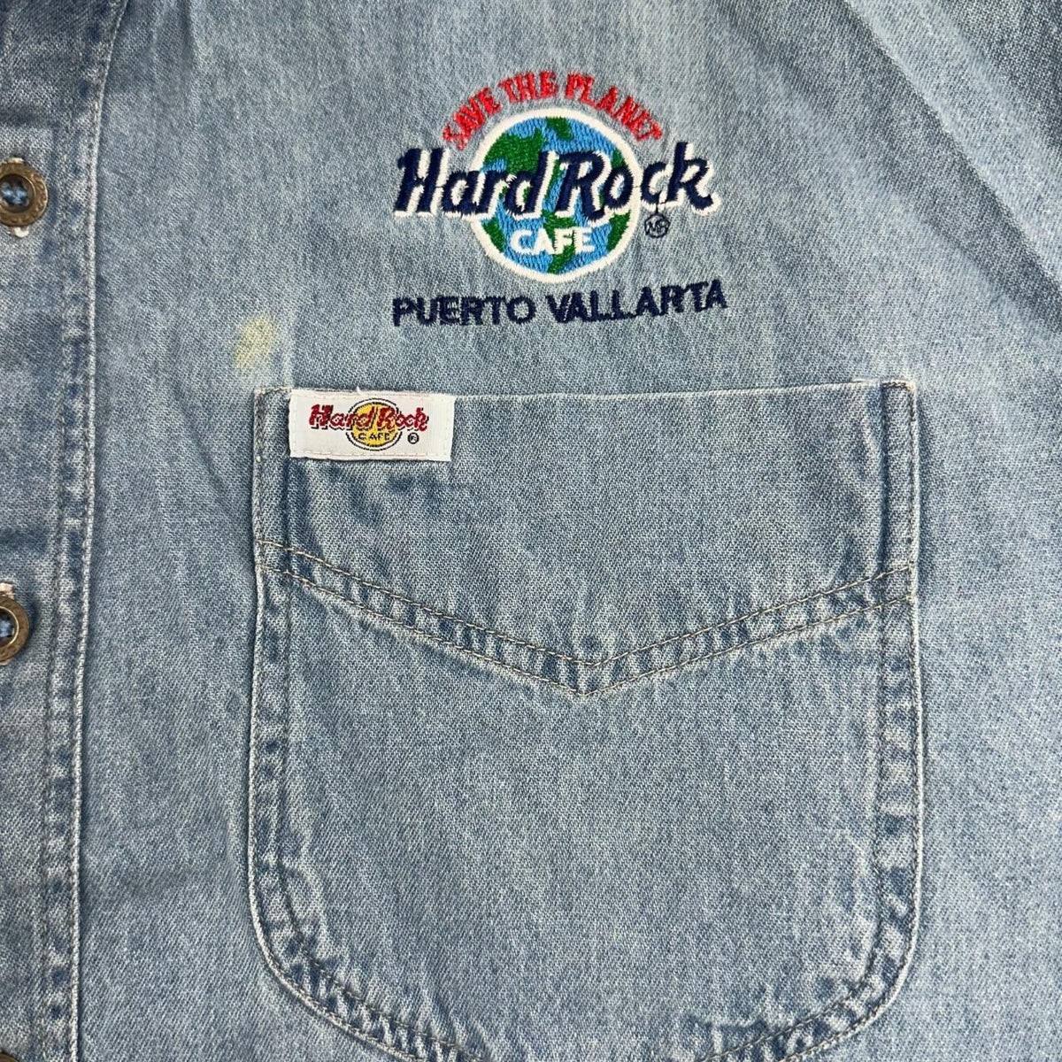 Hard Rock Cafe Vintage 90s Denim Shirt Puerto Vallarta Save the Planet
