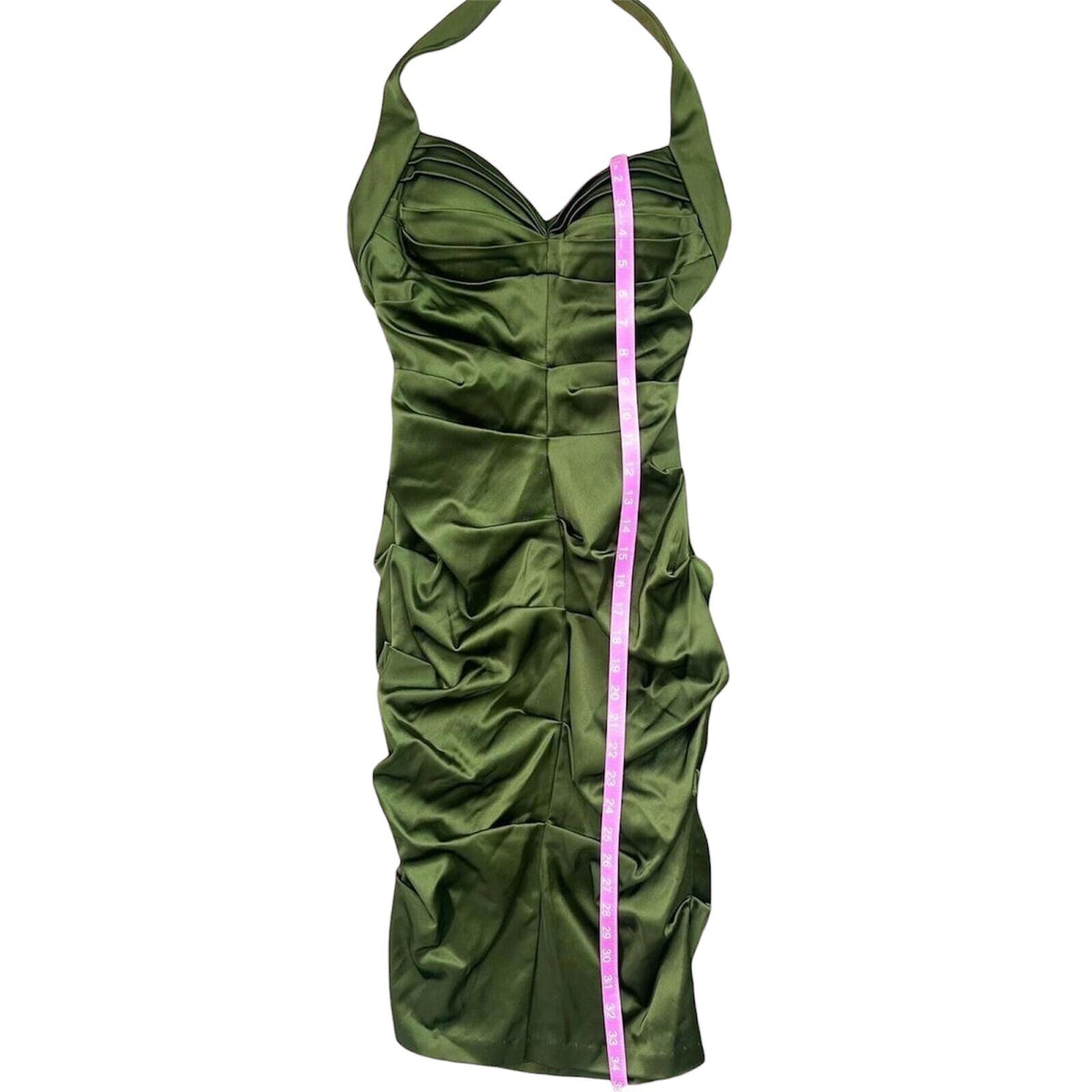 Betsy & Adam Green Satin Halter Dress Y2K Midi Ruched Glam Fit