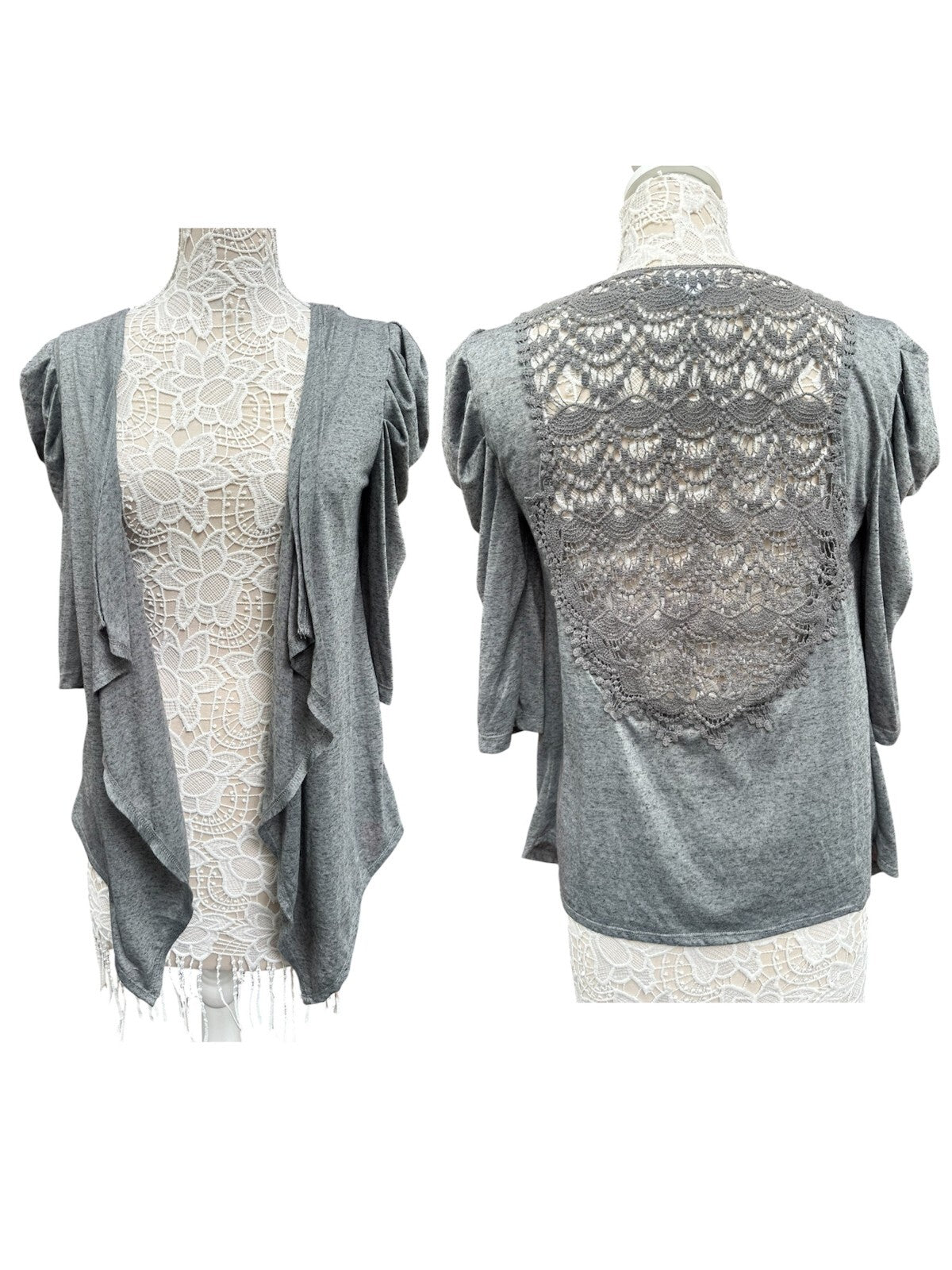 Xhilaration Gray Lace Back Open Front Cardigan with Puff Sleeves Feminine