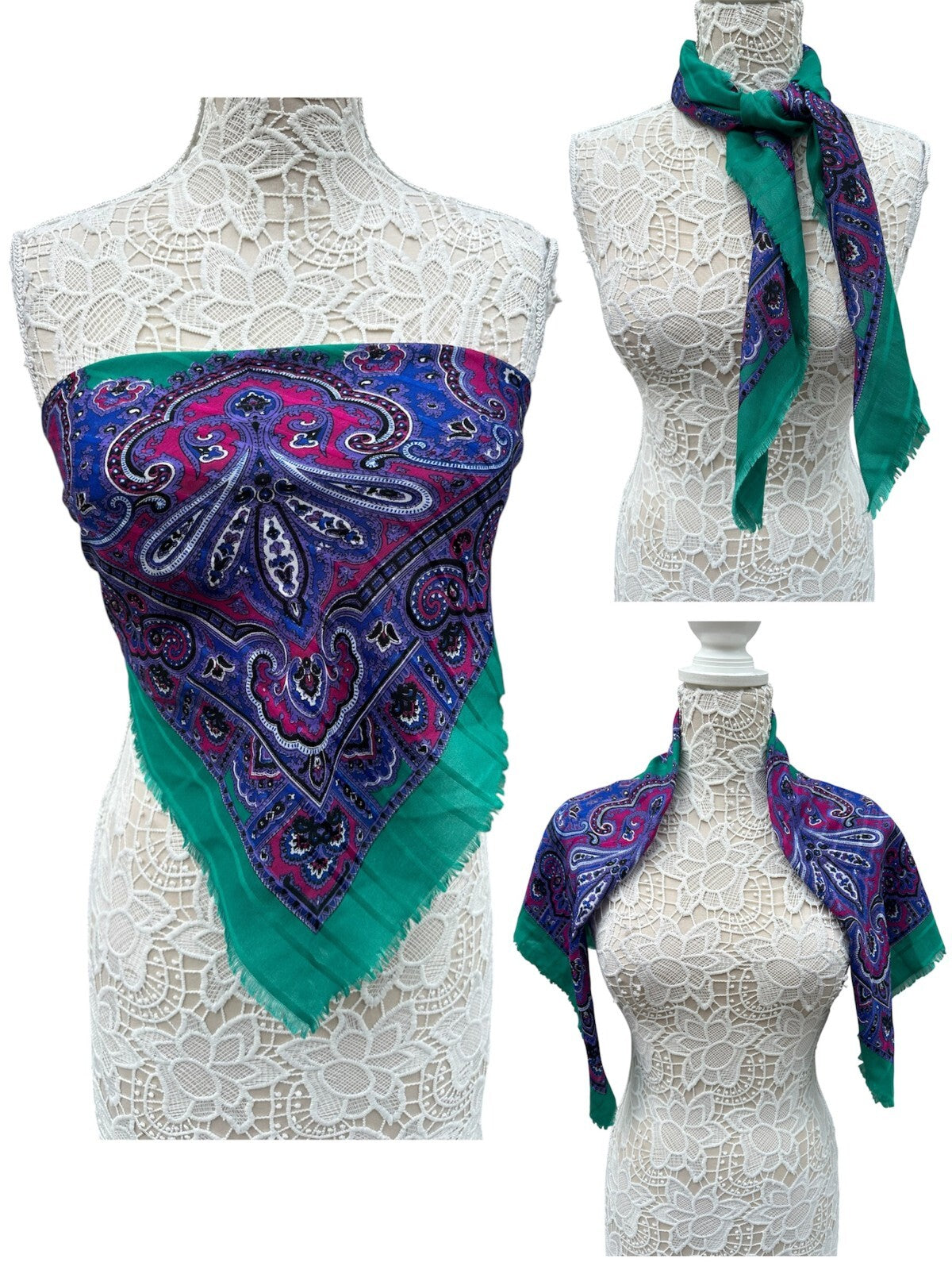 Vintage Bohemian Paisley Scarf Green Purple Pink Retro Accessory