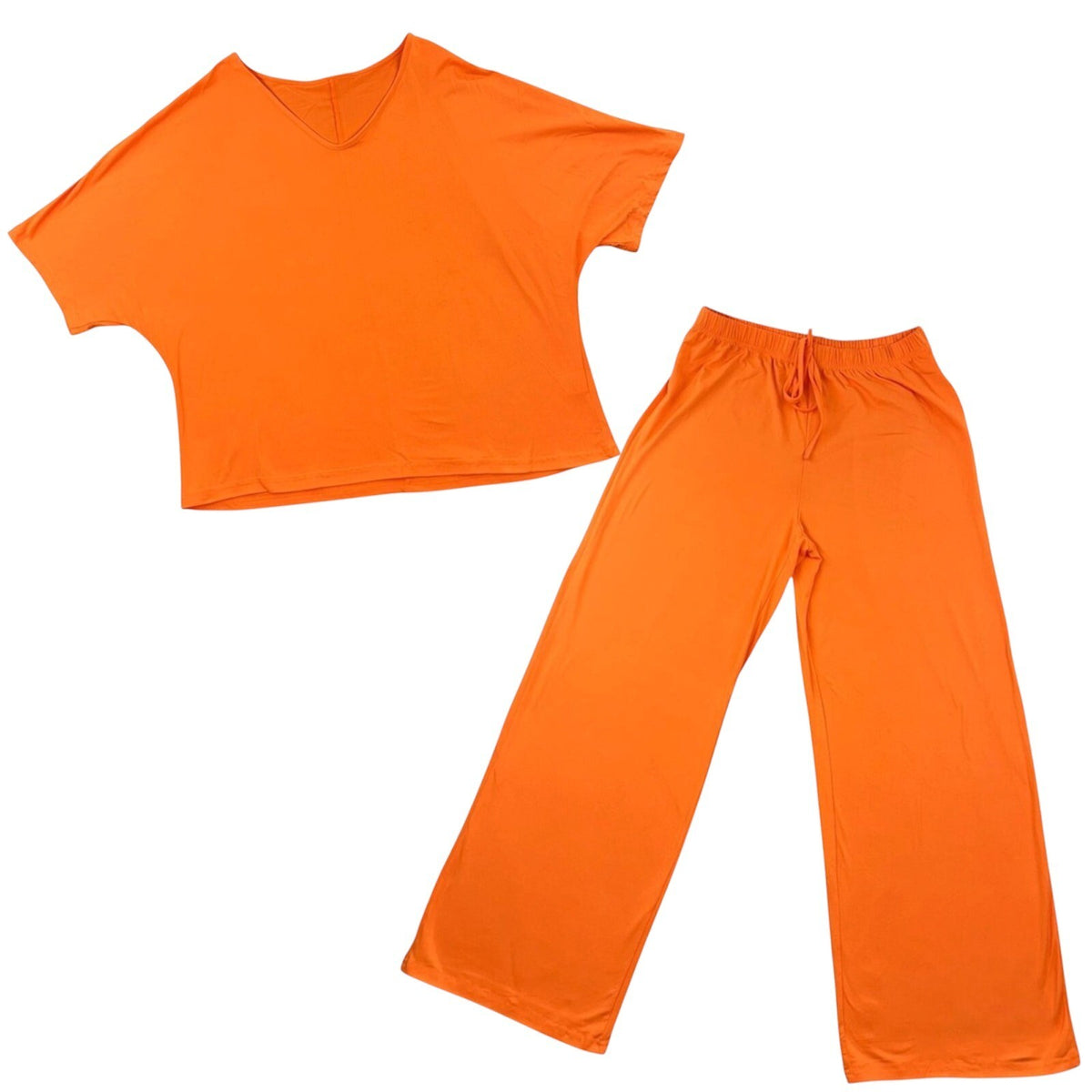 Orange Oversized V Neck Tee and Wide Leg Lounge Pants Set Casual