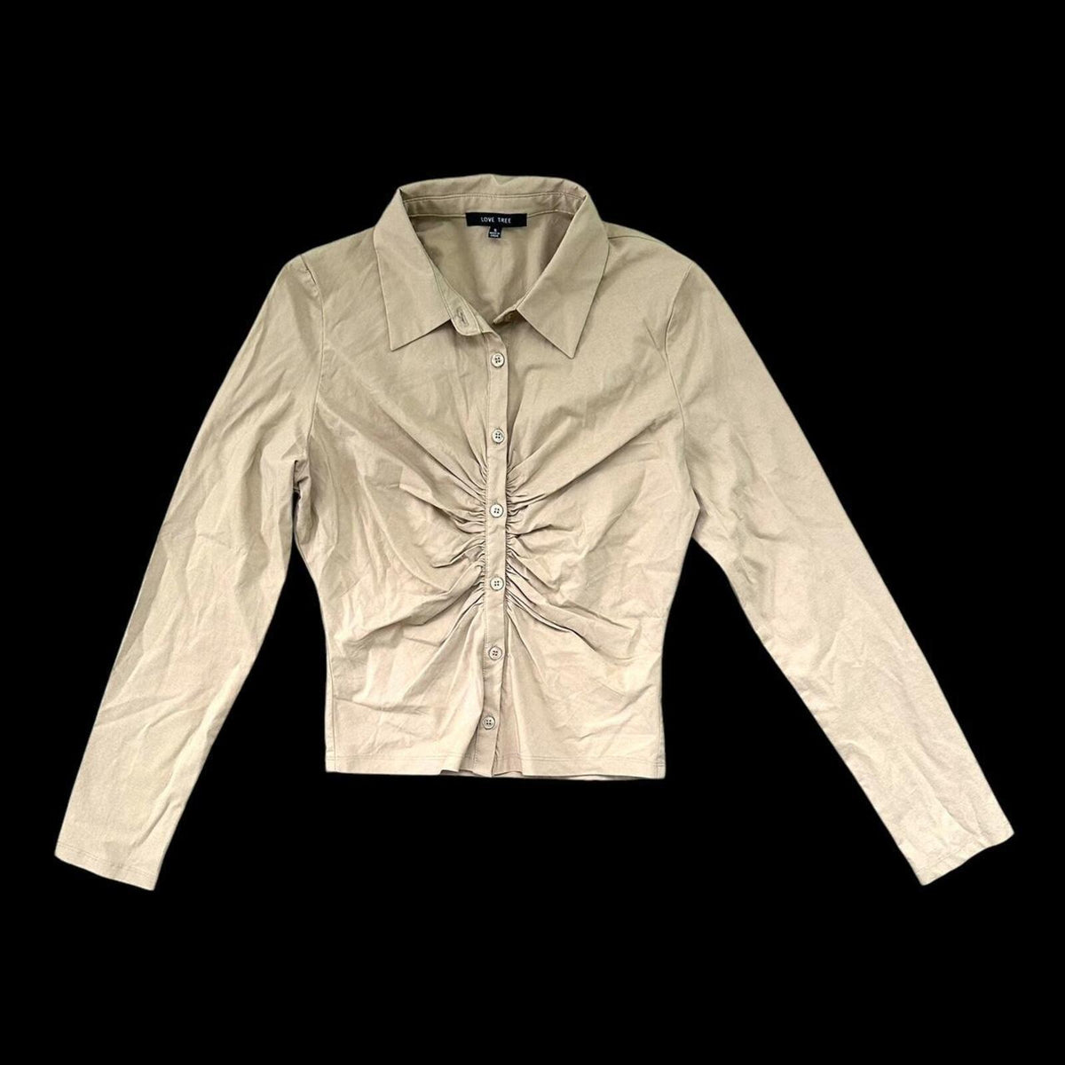 Love Tree Tan Cream Ruched Long Sleeve Button Up Top Indie Preppy Bohemian
