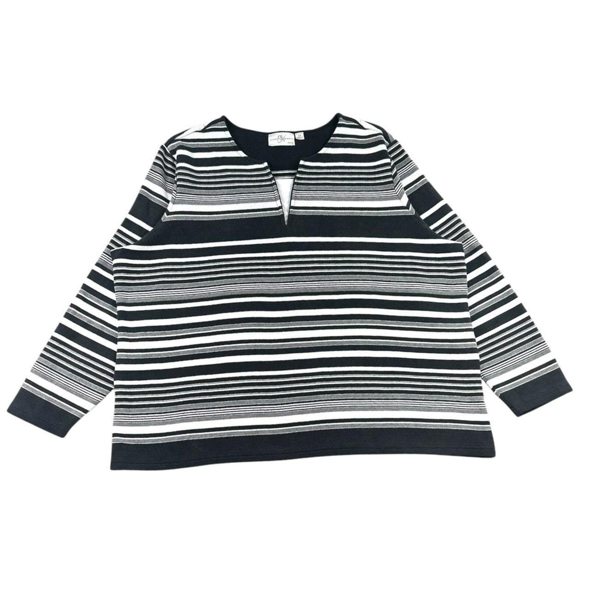 Studio Works Black and White Striped Split Neck Knit Top