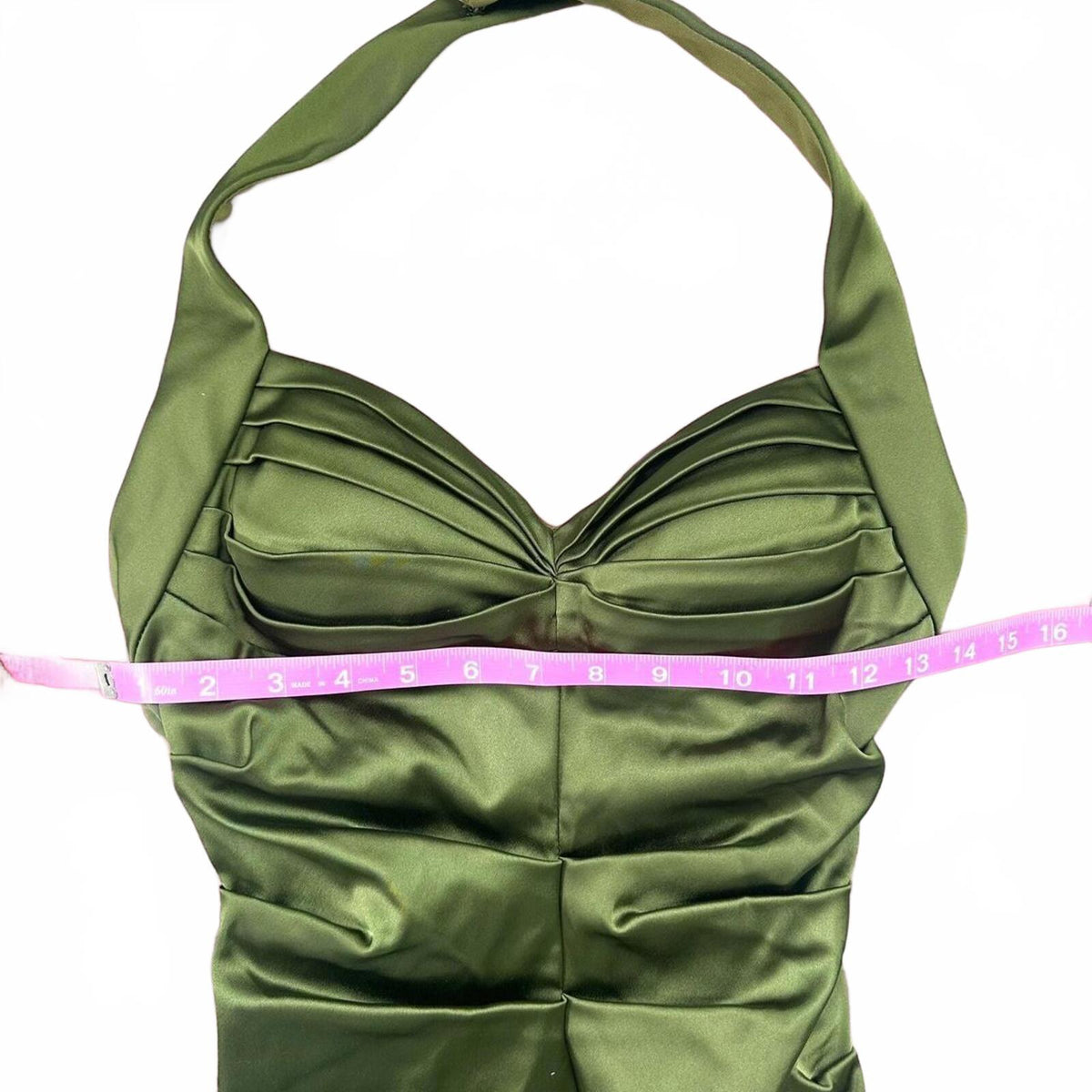 Betsy & Adam Green Satin Halter Dress Y2K Midi Ruched Glam Fit