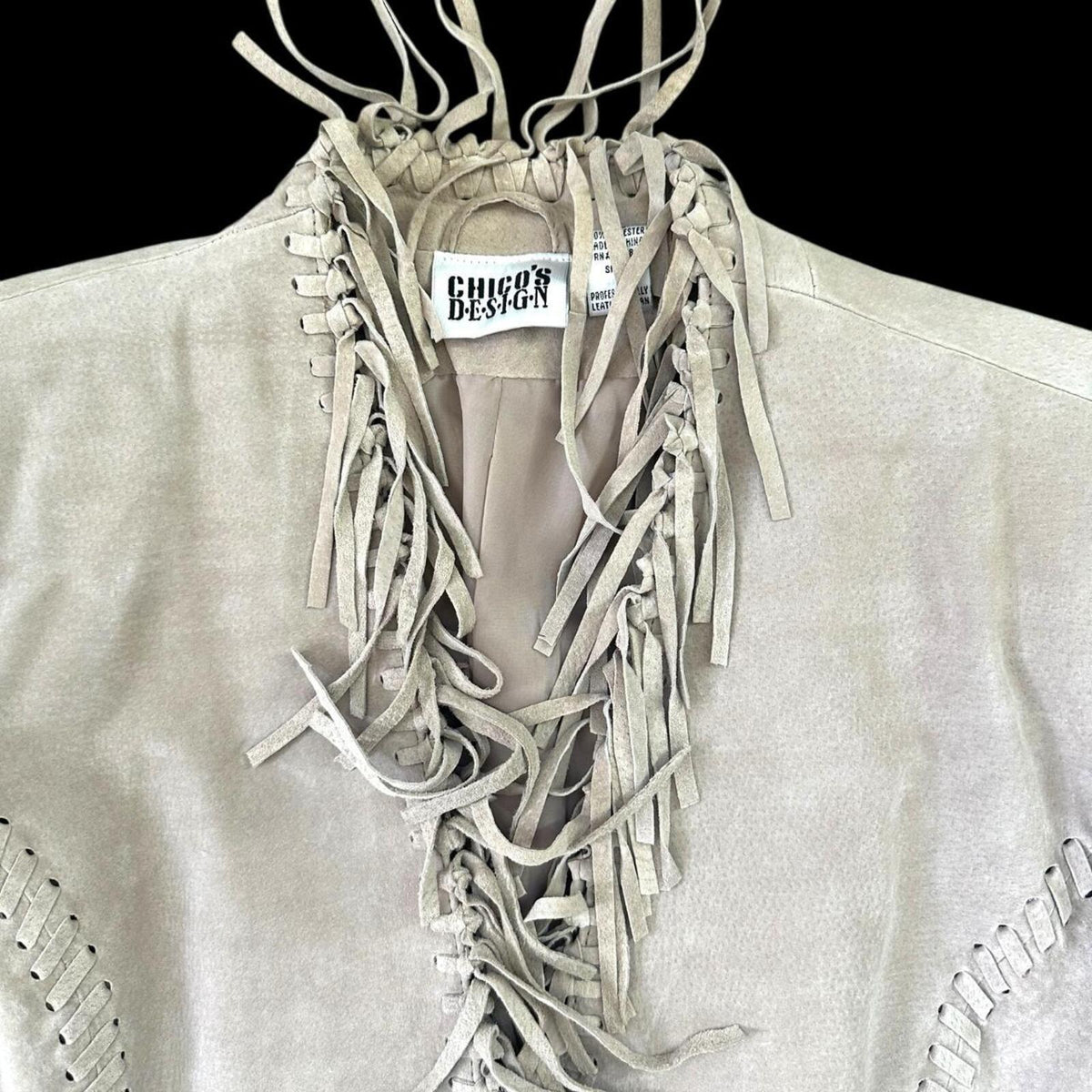 Chico's Taupe 100% Leather Fringe Jacket Bohemian Western