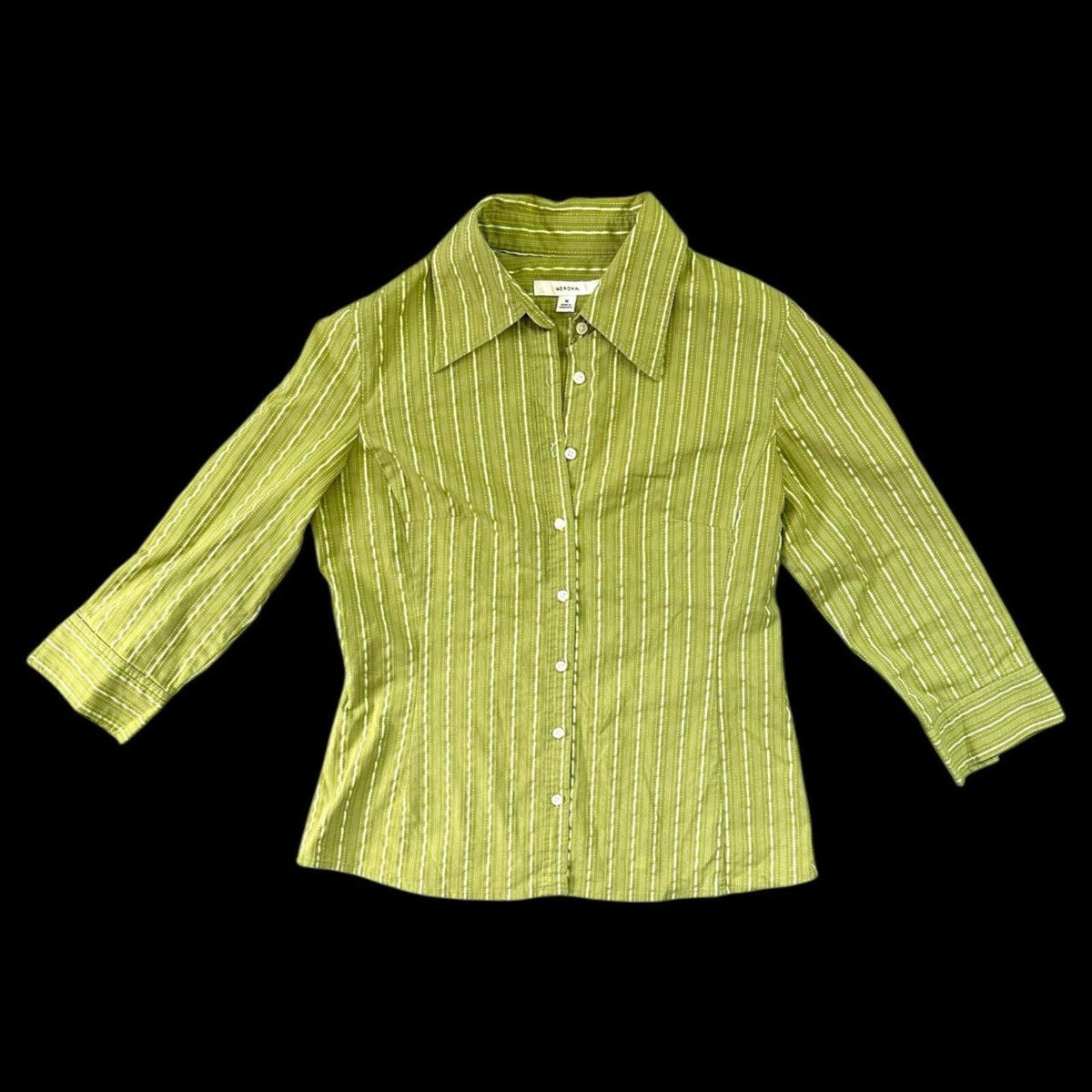 Merona Chartreuse Embroidered Blouse Green White Button Up 3/4 Sleeve