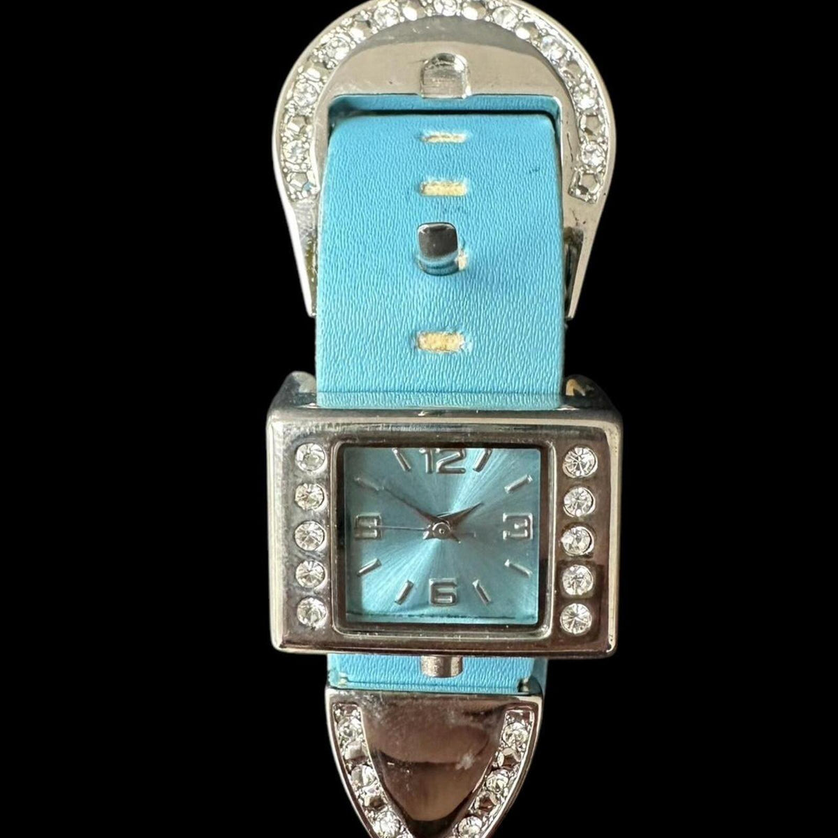 Vintage Blue Faux Leather Rhinestone Accent Watch