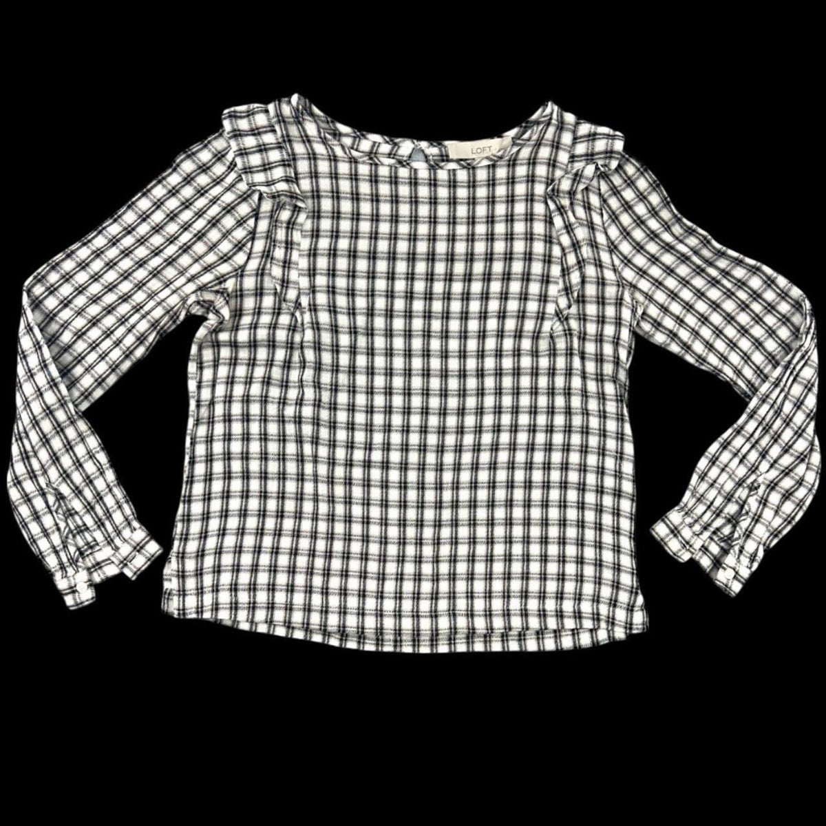 LOFT Plaid Ruffle Long Sleeve Blouse Cotton Black White Tan Preppy Cottage