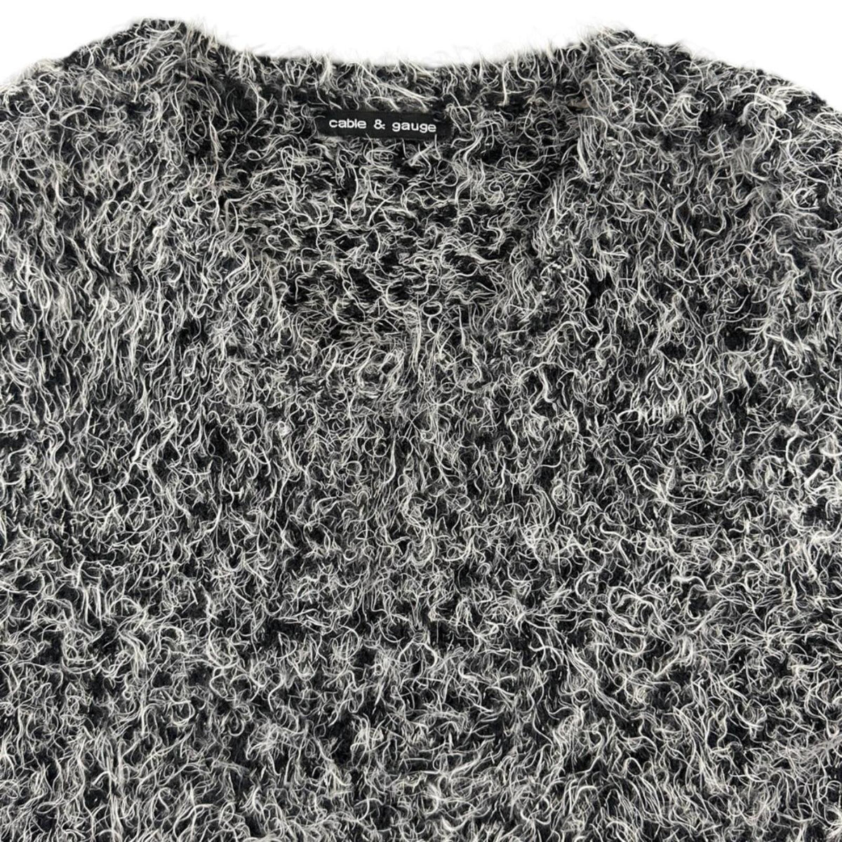 Cable & Gauge Fuzzy V Neck Sweater Black White Marled Knit Retro Whimsigoth