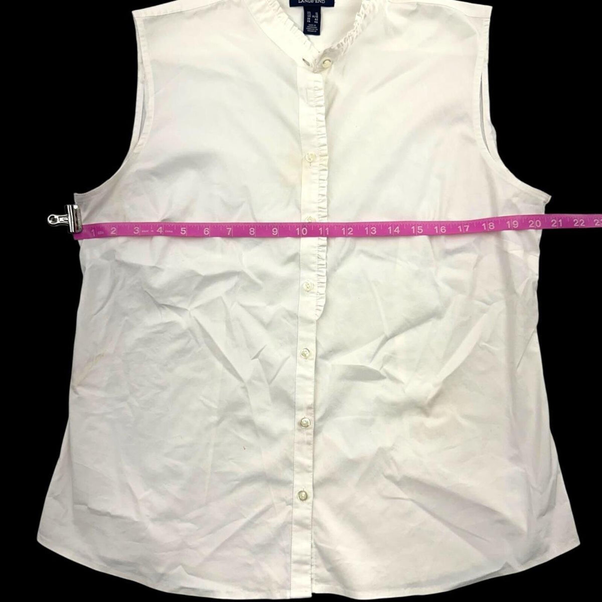 Lands' End White Sleeveless Button Up Shirt with Ruffle Collar