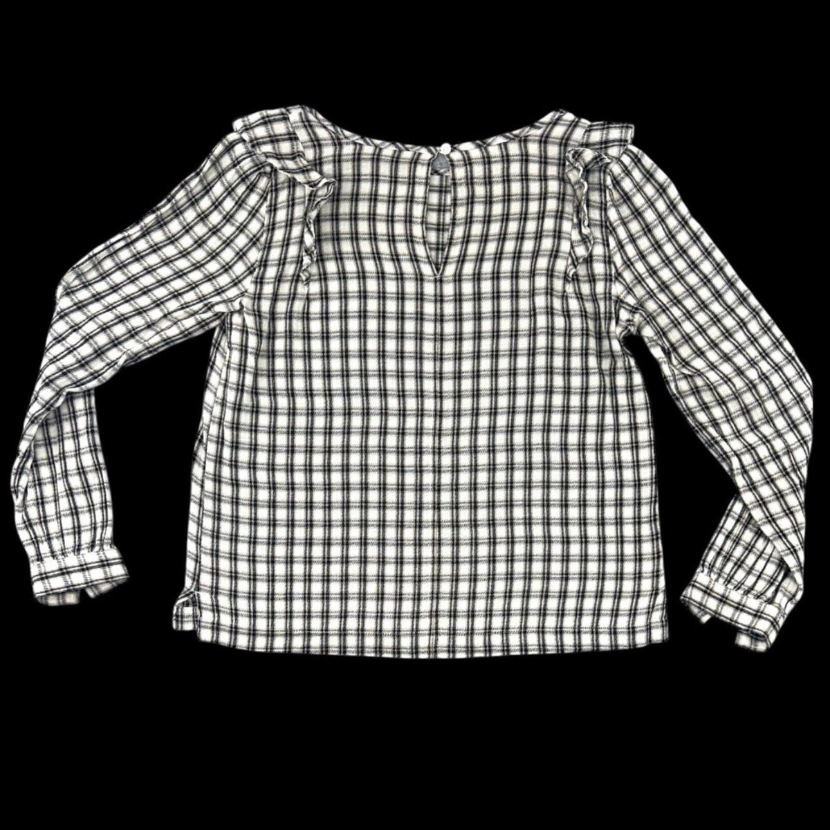 LOFT Plaid Ruffle Long Sleeve Blouse Cotton Black White Tan Preppy Cottage