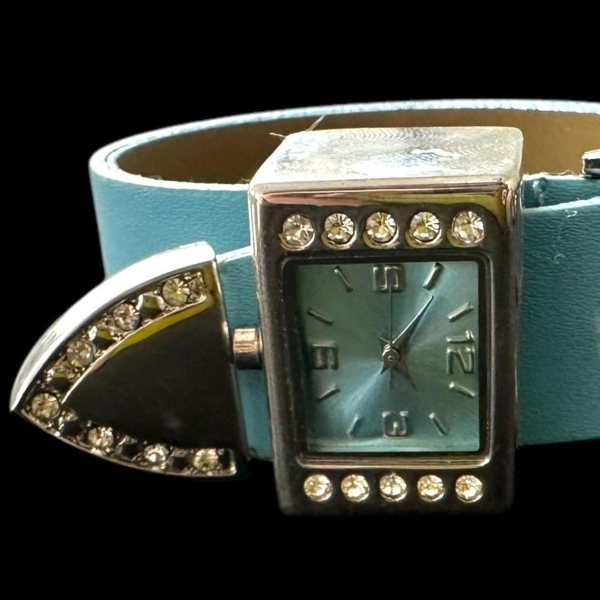 Vintage Blue Faux Leather Rhinestone Accent Watch