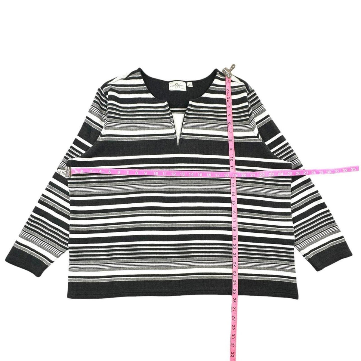 Studio Works Black and White Striped Split Neck Knit Top