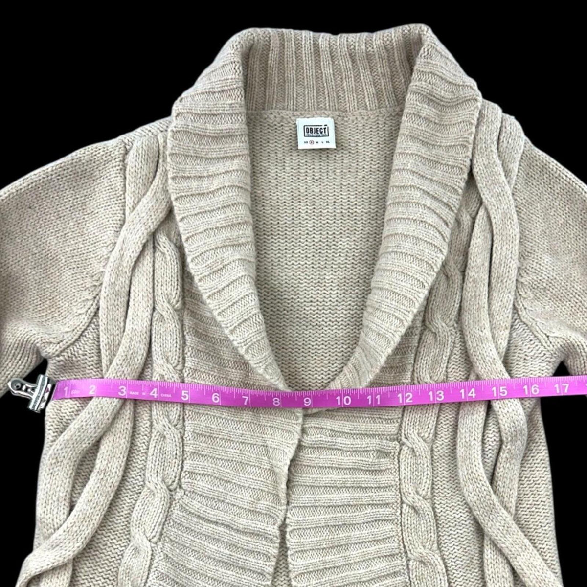 Object Cable Knit Cardigan Shawl Collar Open Front Tan Cream