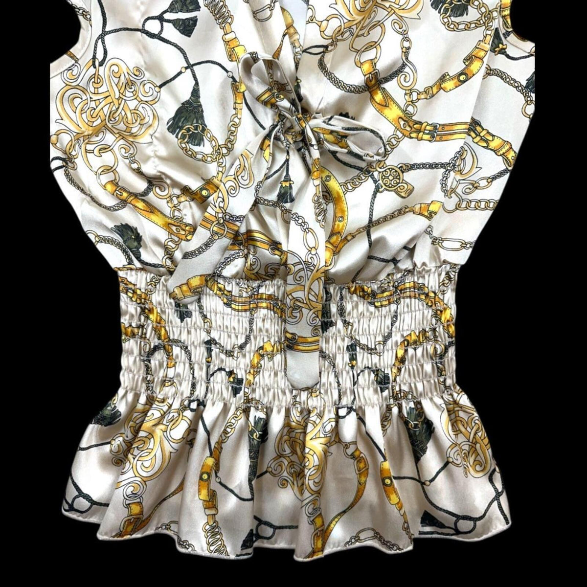 Tiara Chain Print Sleeveless Blouse White Gold Tie Front Smock