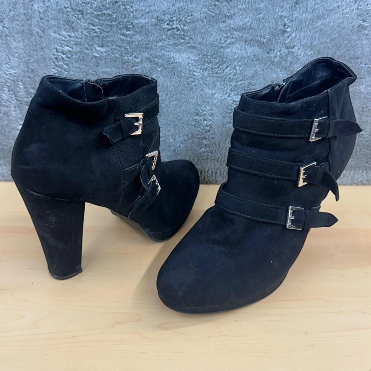 Report Rachael Black Faux Suede Ankle Booties with Silver Buckle Straps