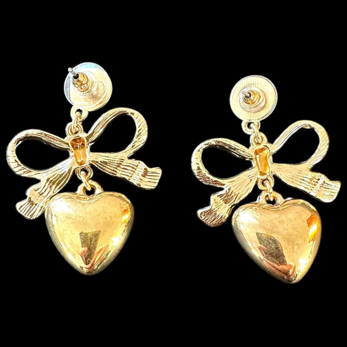 Vintage Gold Tone Heart and Bow Drop Earrings