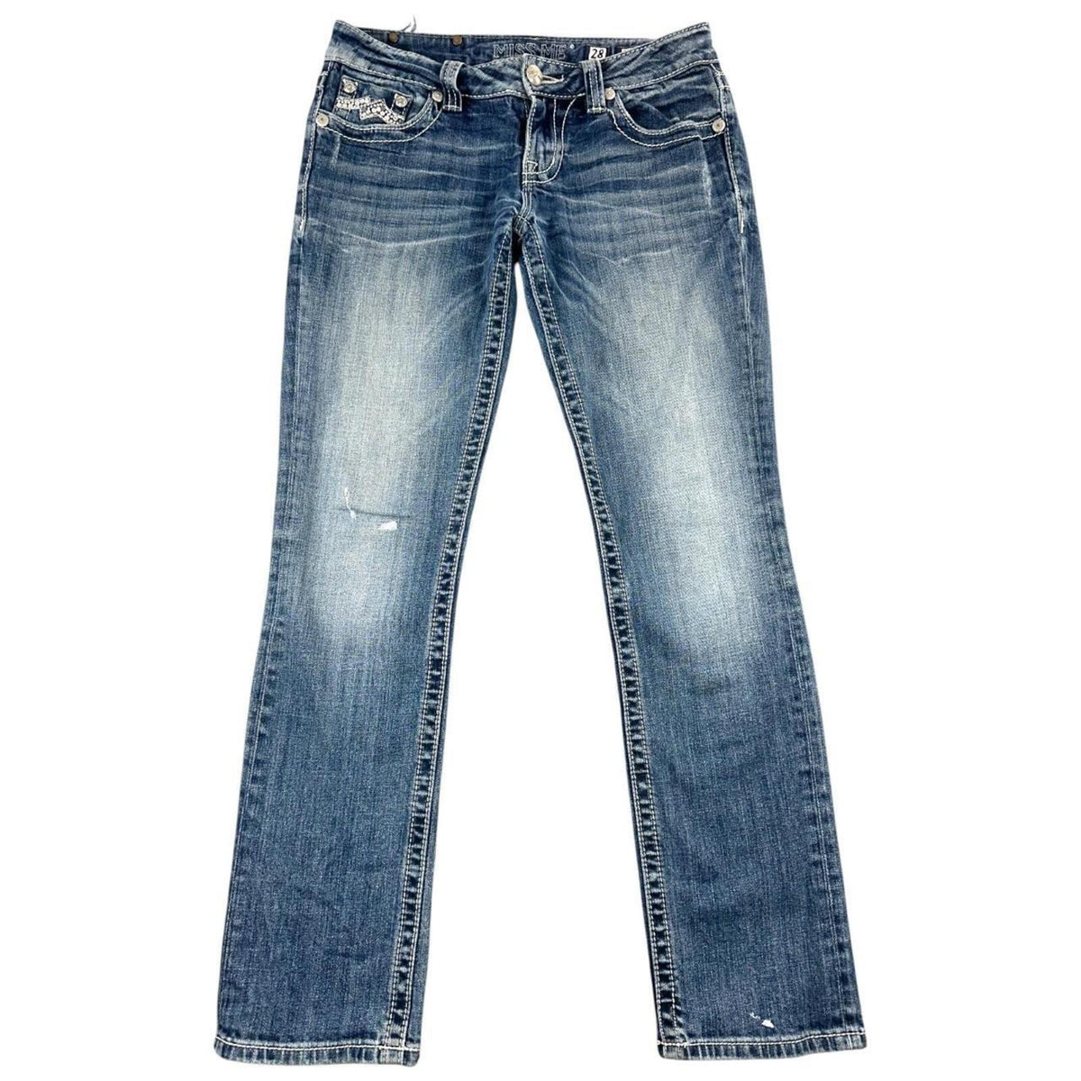 Miss Me Y2K Denim Jeans Mid Rise Straight Leg Blue with Rhinestone Embellished