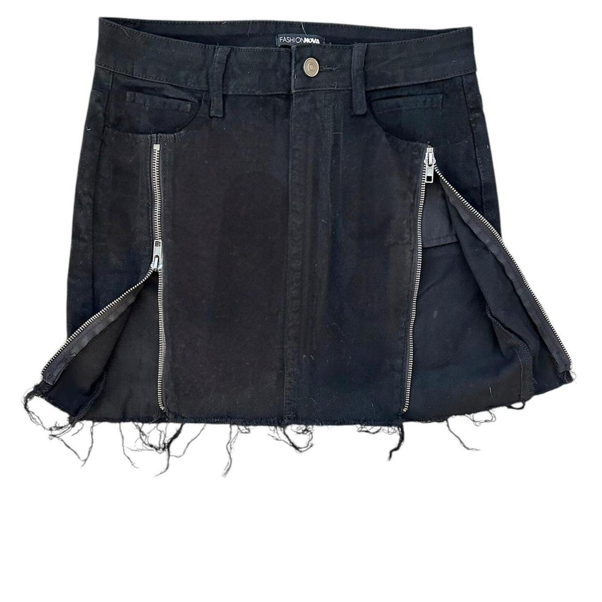 Fashion Nova Black Distressed Denim Skirt with Double Zippers Y2K