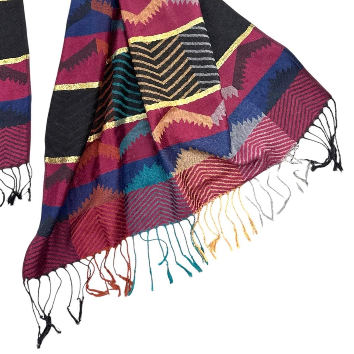 Colorful Geometric Patterned Scarf with Fringe
