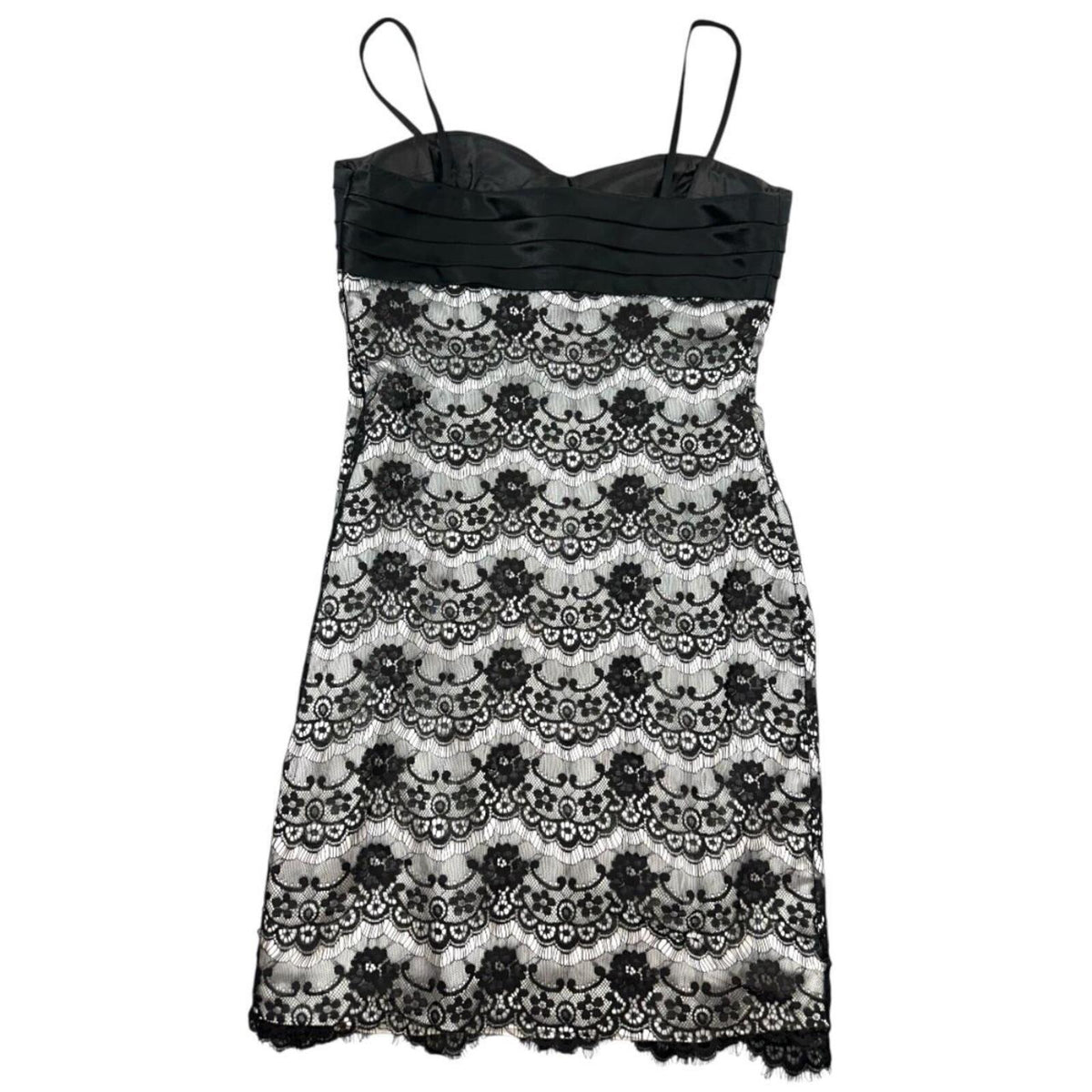 Dave & Johnny Black Pleated Satin Bustier Cocktail Dress with Beaded Floral Lace
