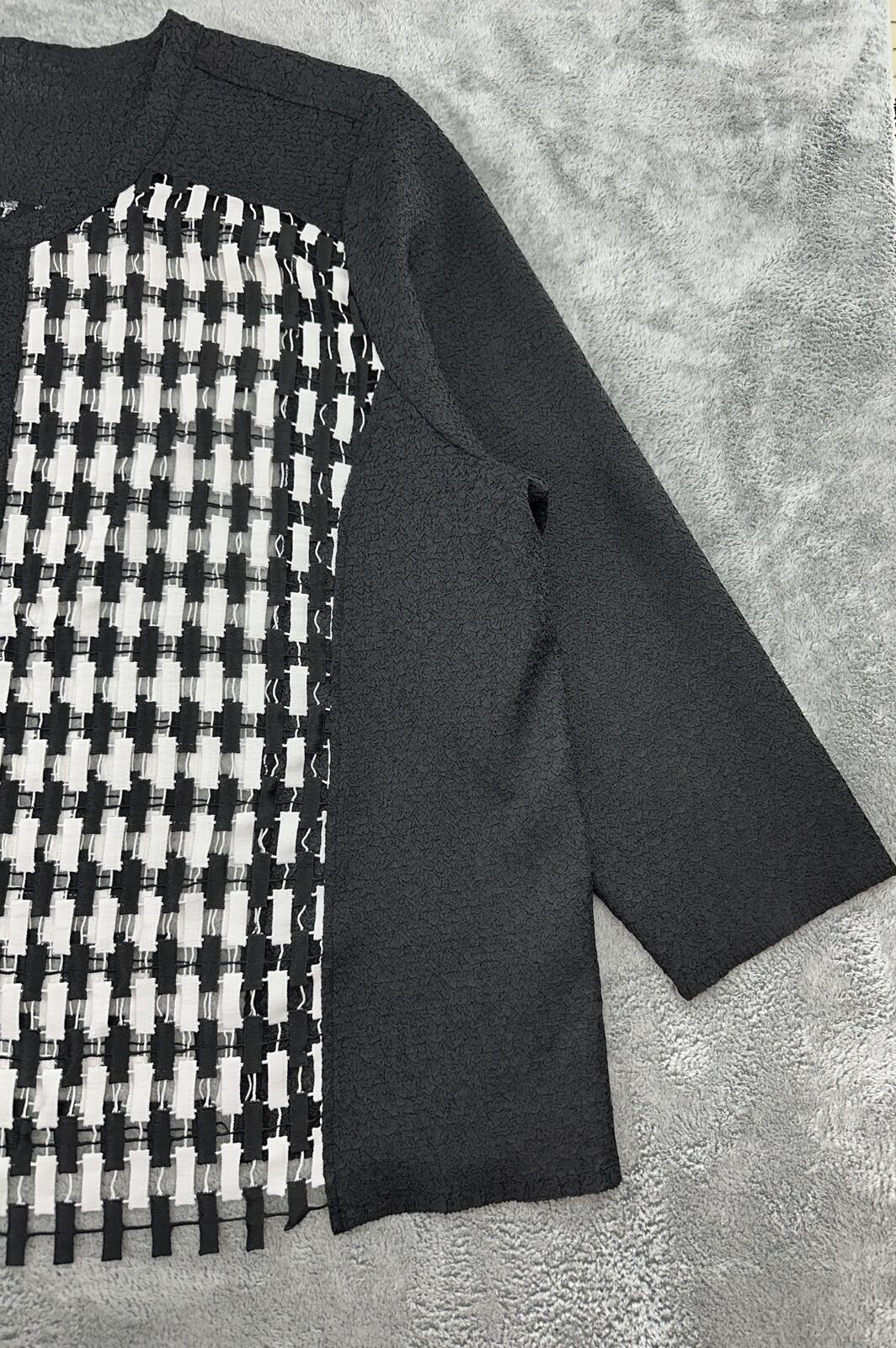 Classic Black and White Textured Checkered Cardigan Sweater