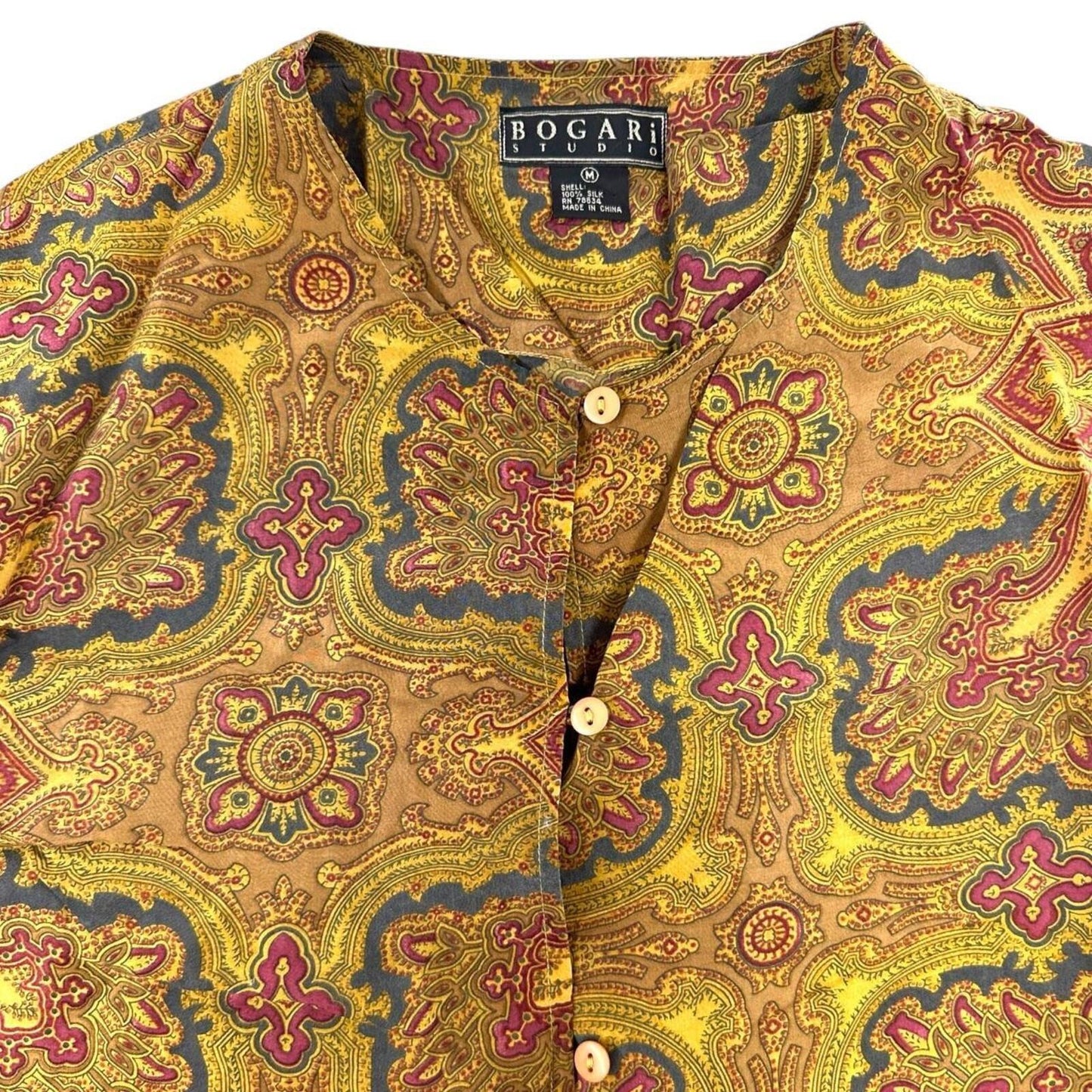 Bogari Studio Vintage Band Collar Button Up Blouse in Mustard Yellow Paisley