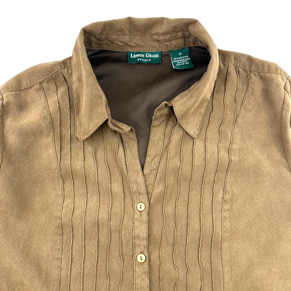 Lemon Grass Studio Faux Suede Button Up Shirt with Pintuck Detail Brown