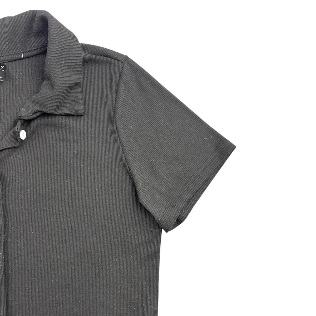 DAZY Black Ribbed Knit Polo Top Y2K Minimalist Retro Collar Short Sleeve