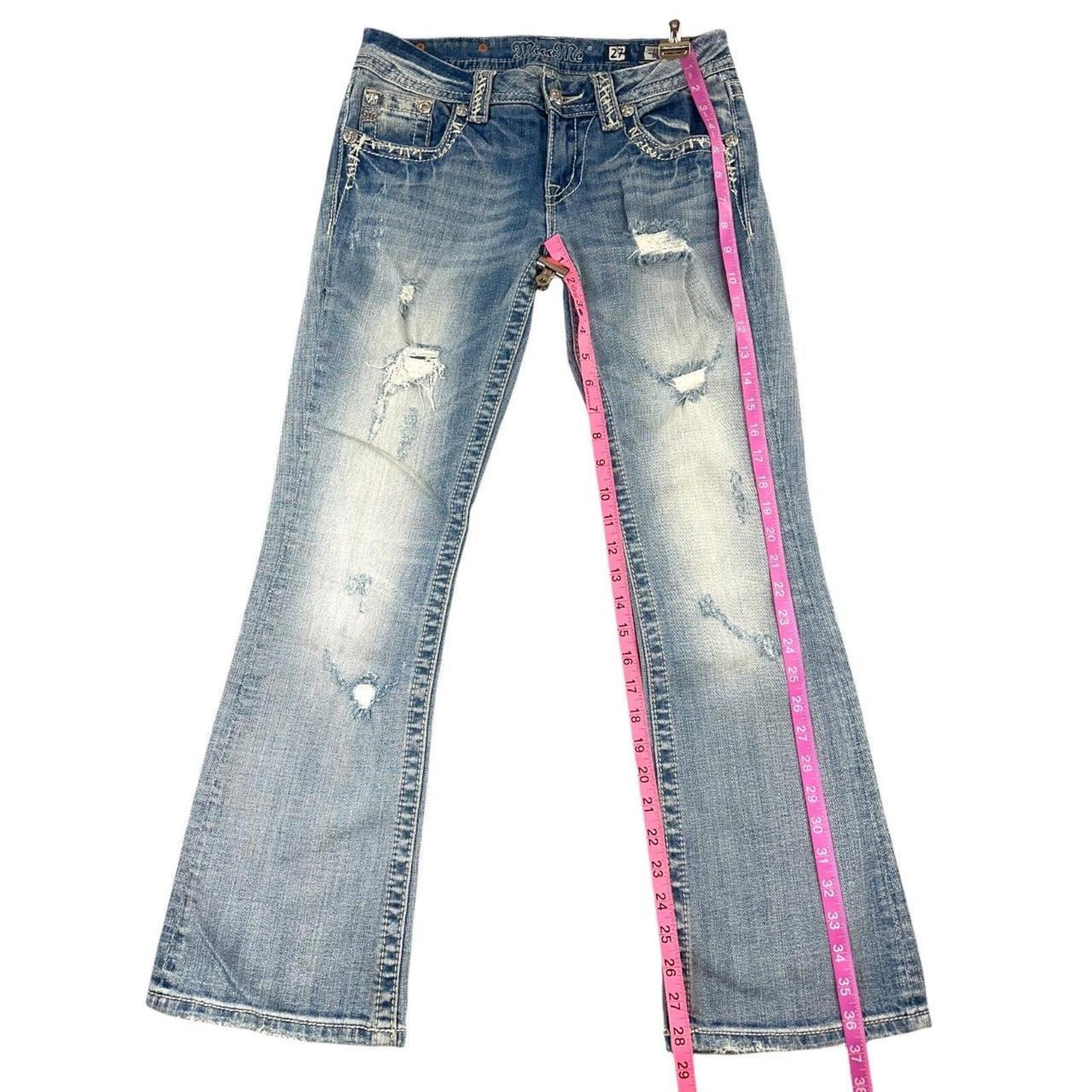 Miss Me Y2K Bootcut Jeans Rhinestone Embellished Pockets Distressed Detailing