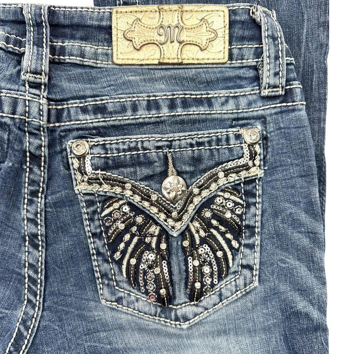 Miss Me Vintage Angel Wing Embellished Bootcut Jeans Y2K Rhinestone Denim