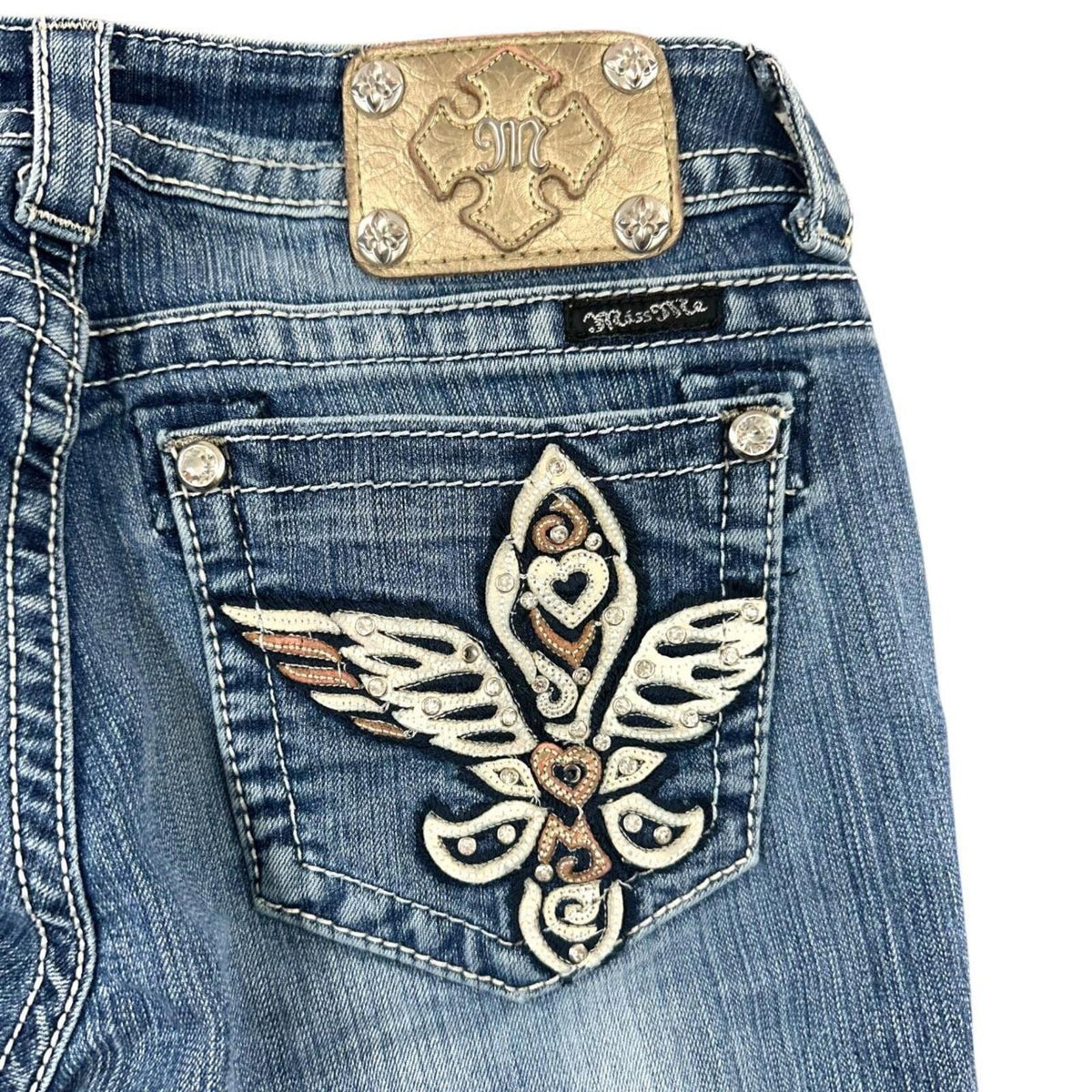 Miss Me Vintage Y2K Rhinestone Embellished Bootcut Jeans with Wings and Hearts