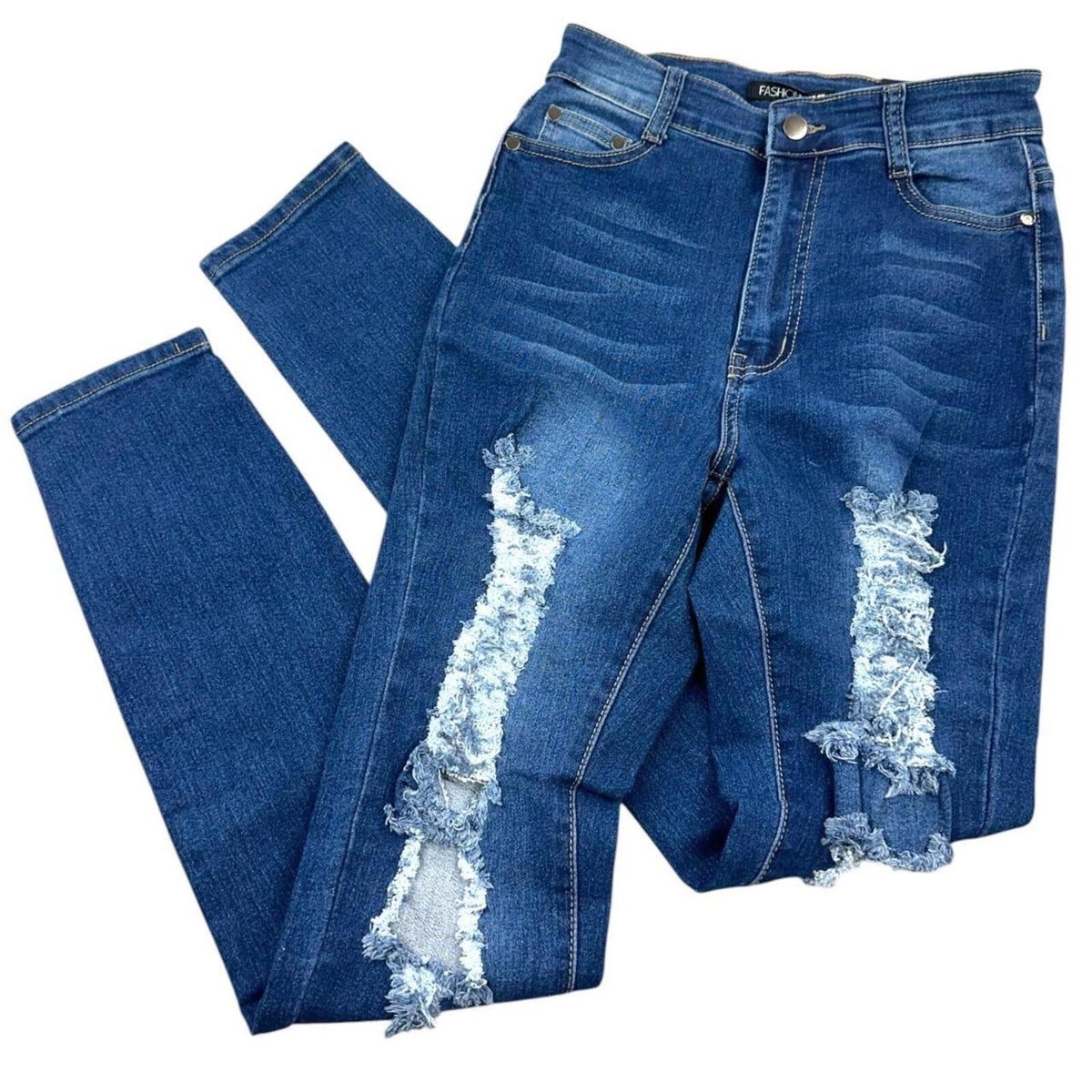 Fashion Nova Heavy Distressed Skinny Jeans High Waisted Blue Navy Stretch Denim