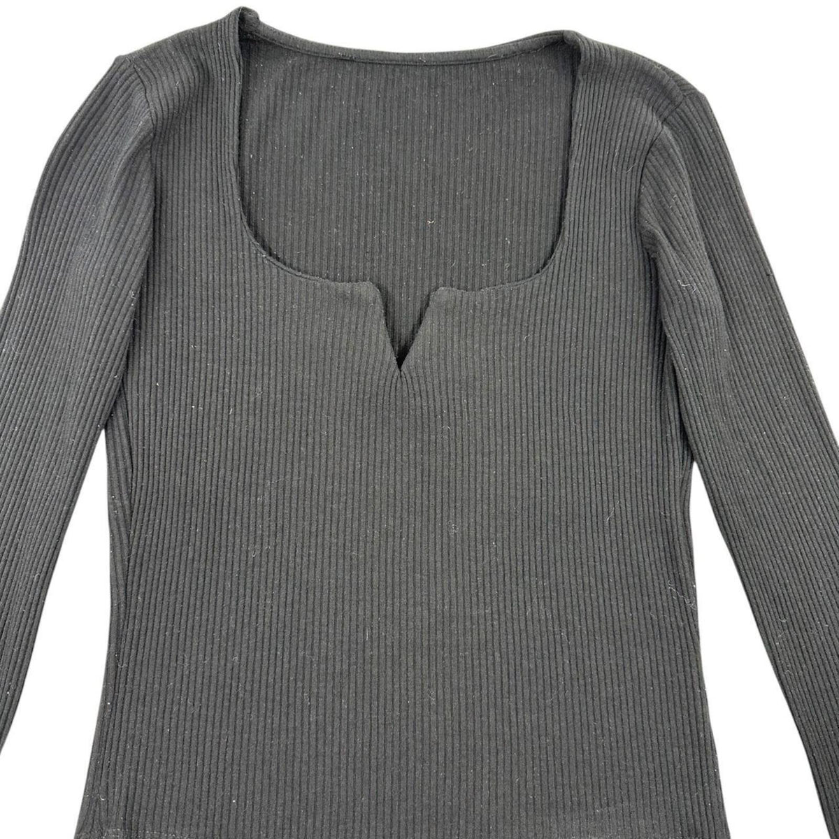 Black Ribbed Long Sleeve Top with Notch Neckline Y2K Minimalist Preppy