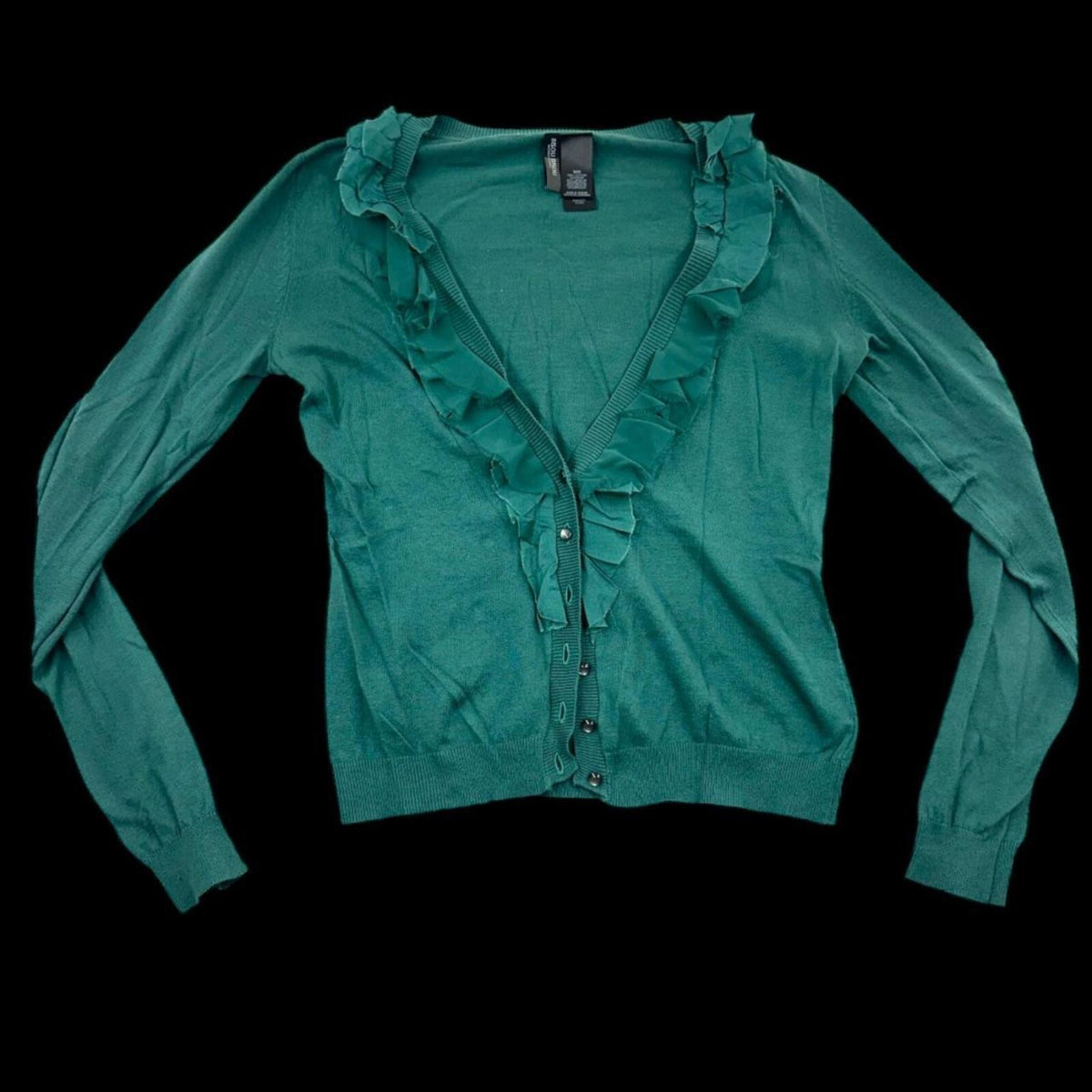 Bisou Bisou Green Teal Ruffle Trim Cotton Cardigan Bohemian