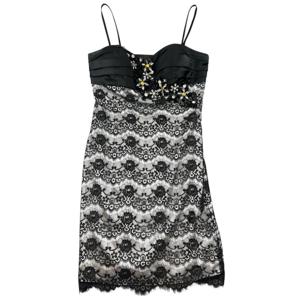Dave & Johnny Black Pleated Satin Bustier Cocktail Dress with Beaded Floral Lace