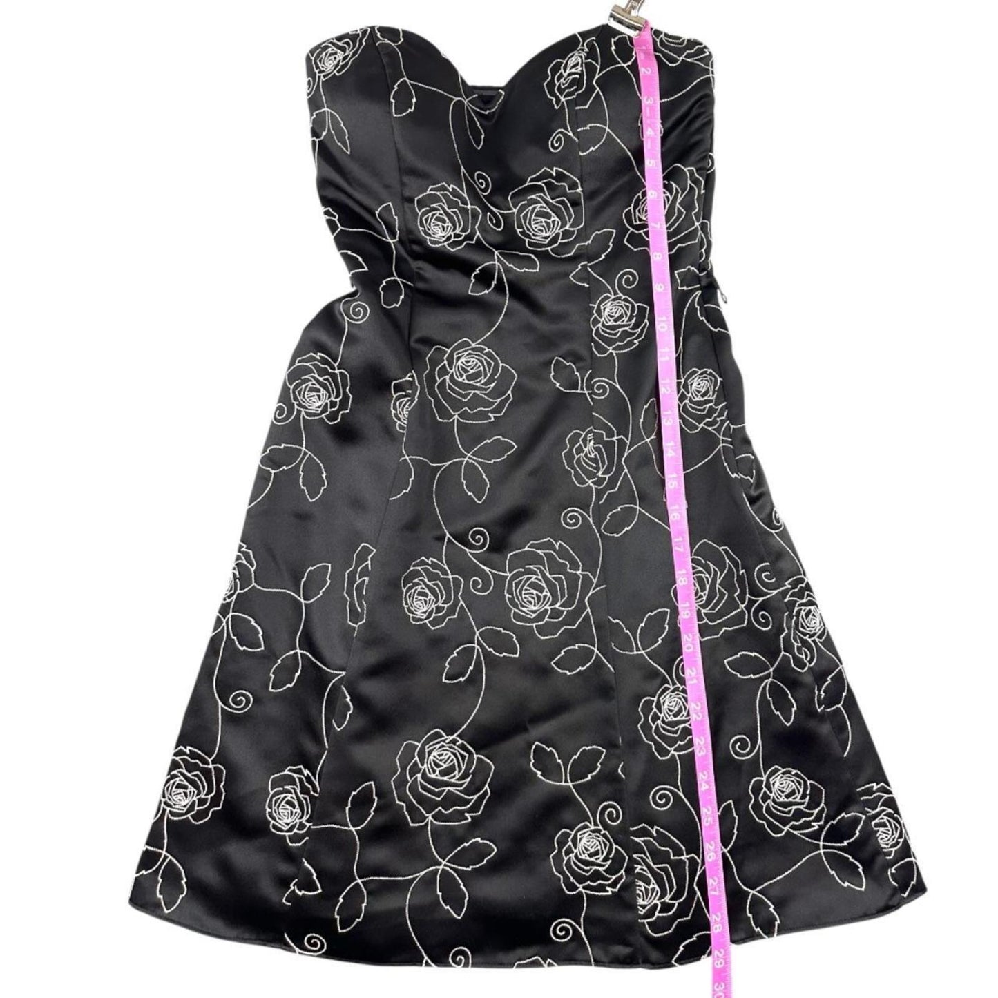 White House Black Market Strapless Black Sateen Dress with White Floral Embroide