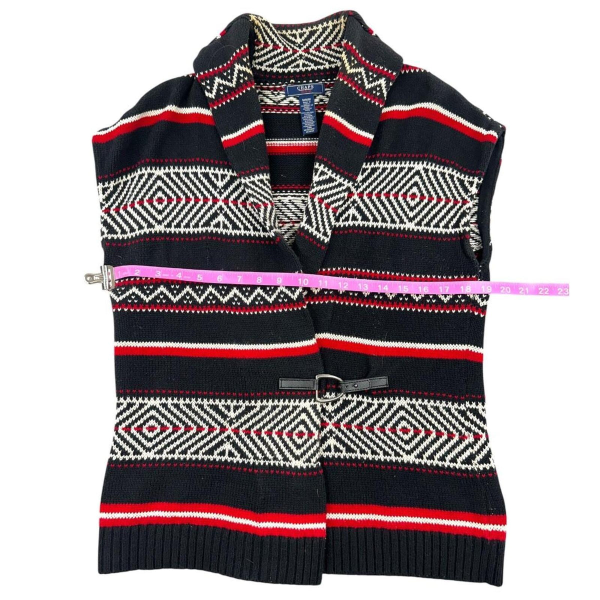 Chaps Geometric Southwestern Sweater Vest with Toggle Closure Black Red White