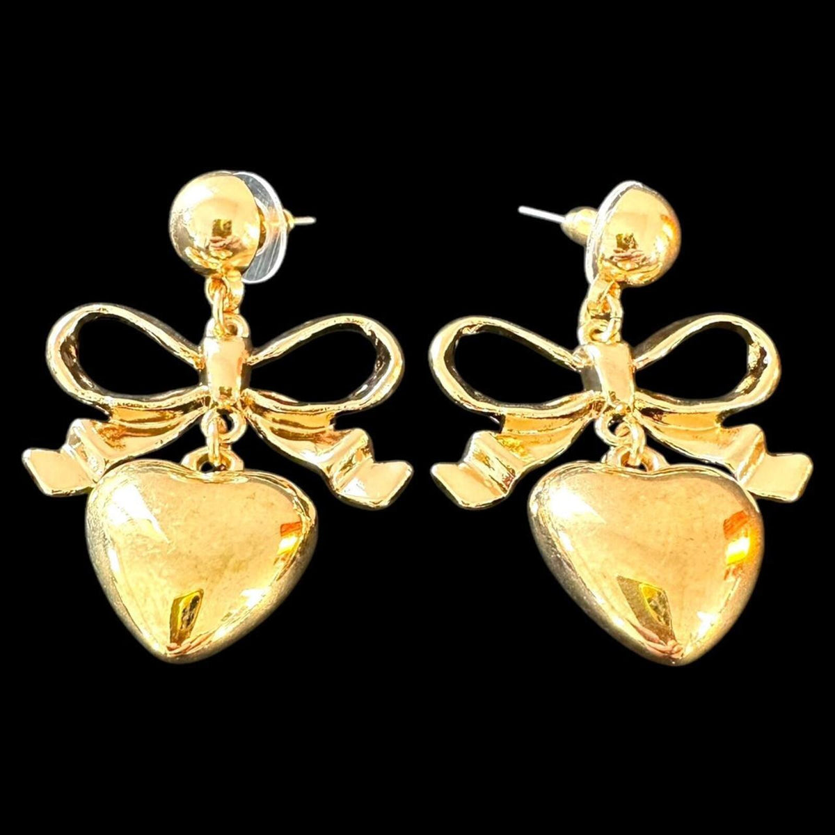 Vintage Gold Tone Heart and Bow Drop Earrings