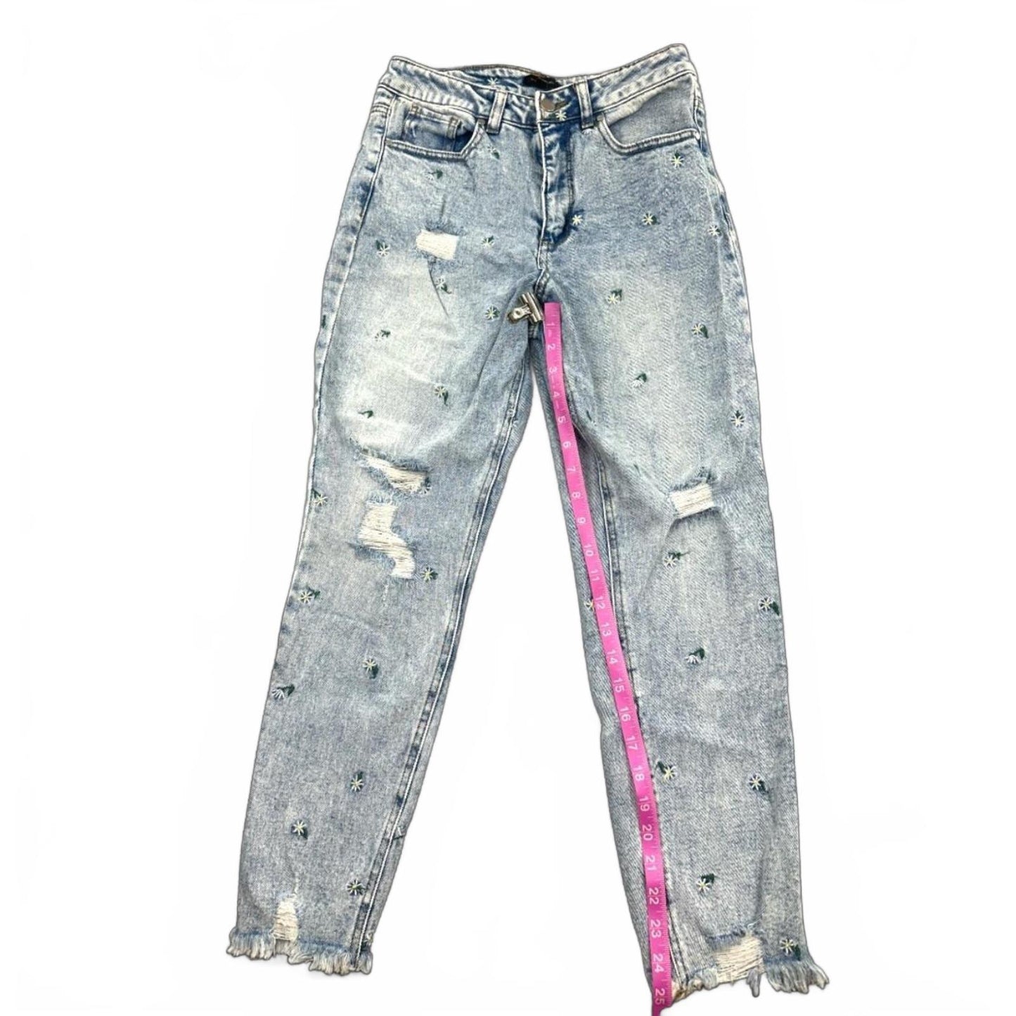 Material Girl Daisy Distressed Mom Jeans Blue High Rise Vintage Y2K Embroidered