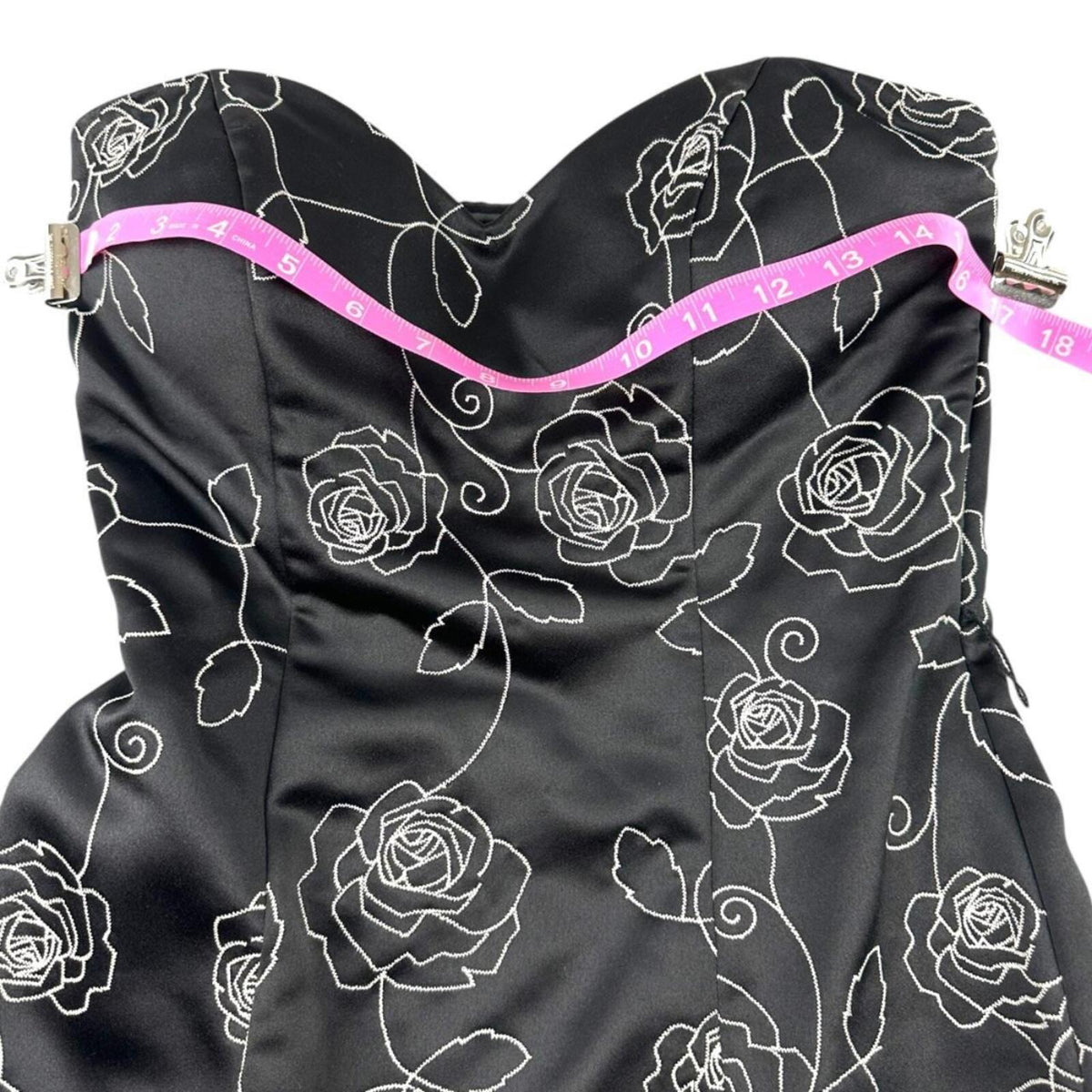 White House Black Market Strapless Black Sateen Dress with White Floral Embroide