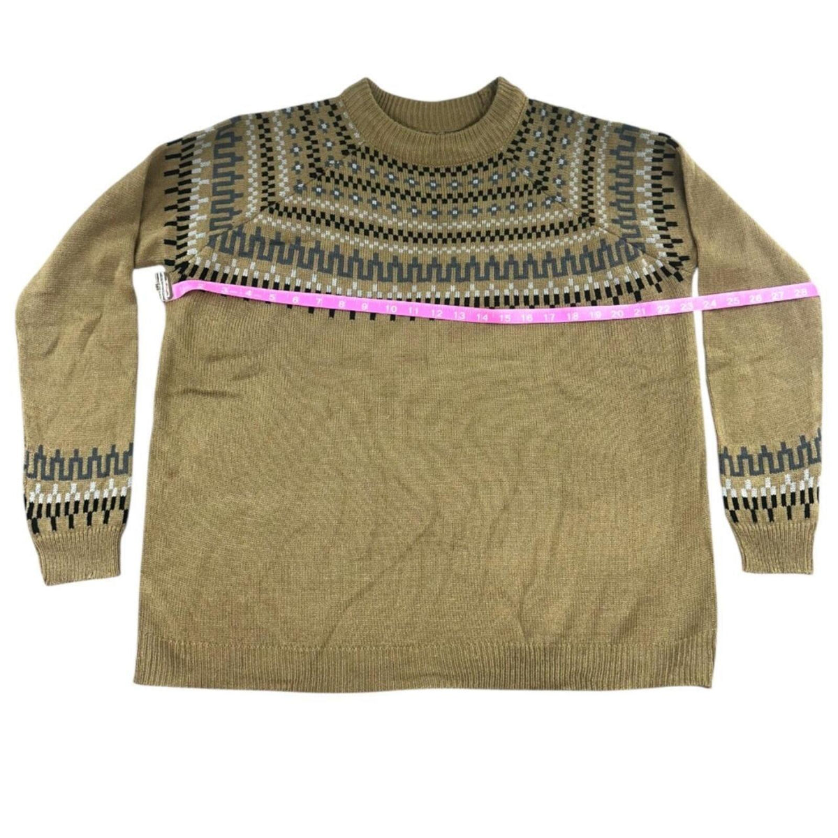 Tan Nordic Style Sweater Crewneck Geometric Pattern Knit Pullover