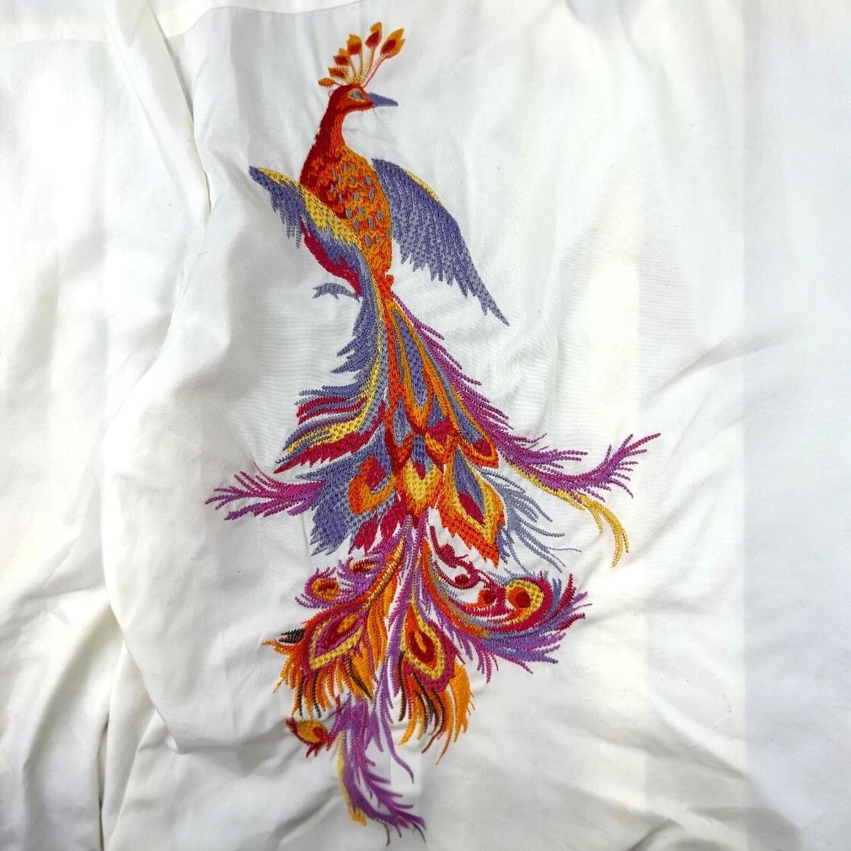 Lauren Ralph Lauren White Cotton Blouse with Vibrant Peacock Embroidery Boho Y2K