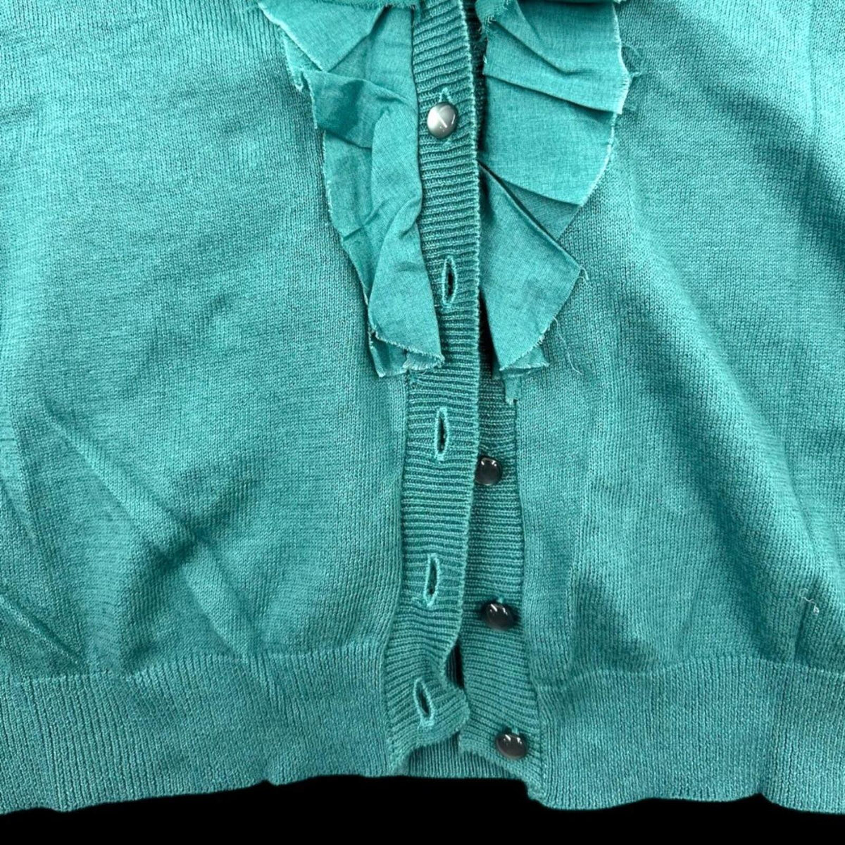 Bisou Bisou Green Teal Ruffle Trim Cotton Cardigan Bohemian